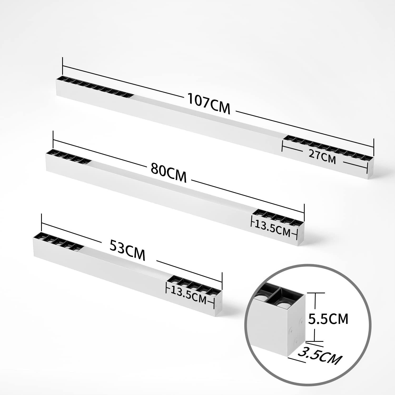 Trzy białe oprawy LED z wymiarami w centymetrach. Tło jest białe.