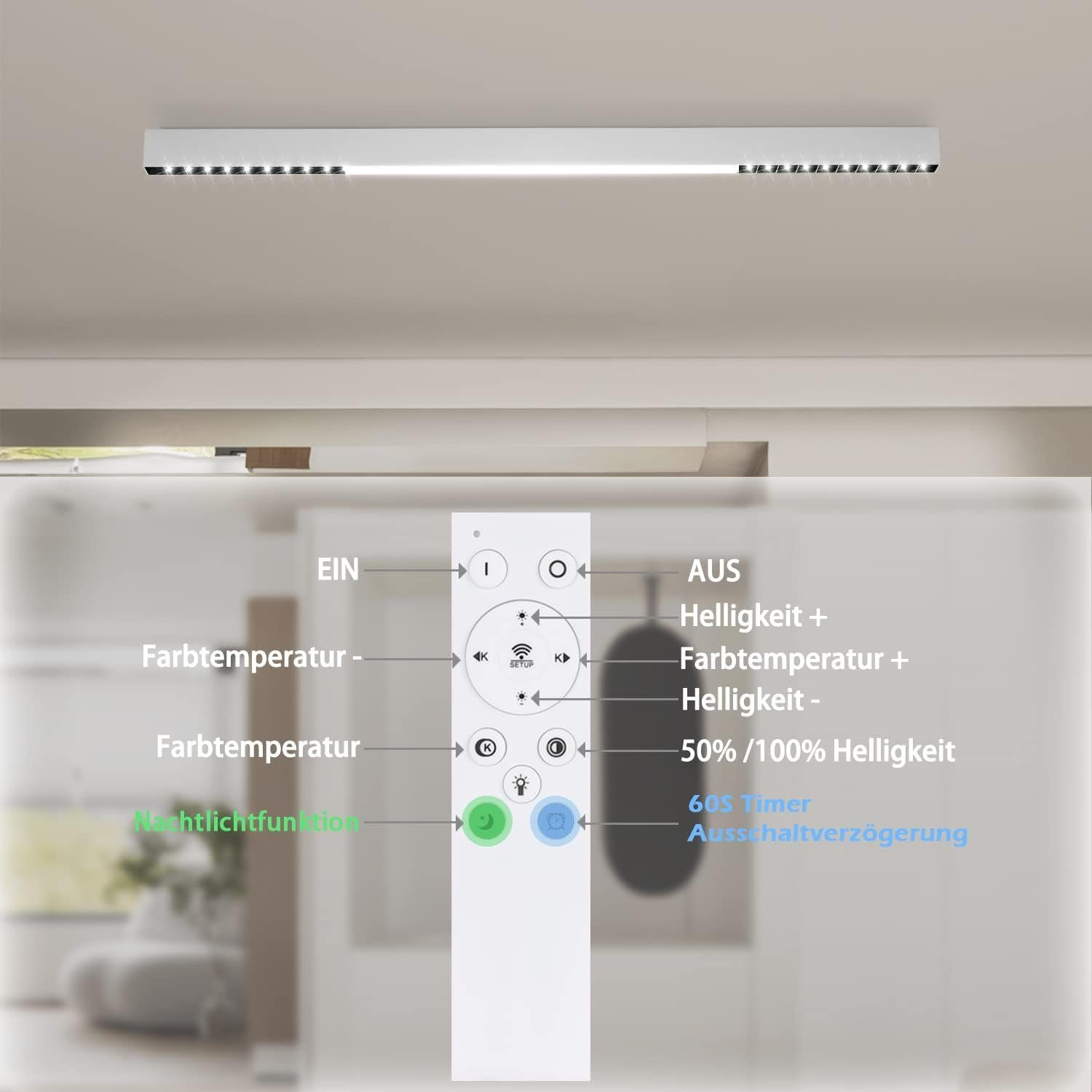 Biały pilot z wieloma oznaczonymi przyciskami do sterowania lampą sufitową.