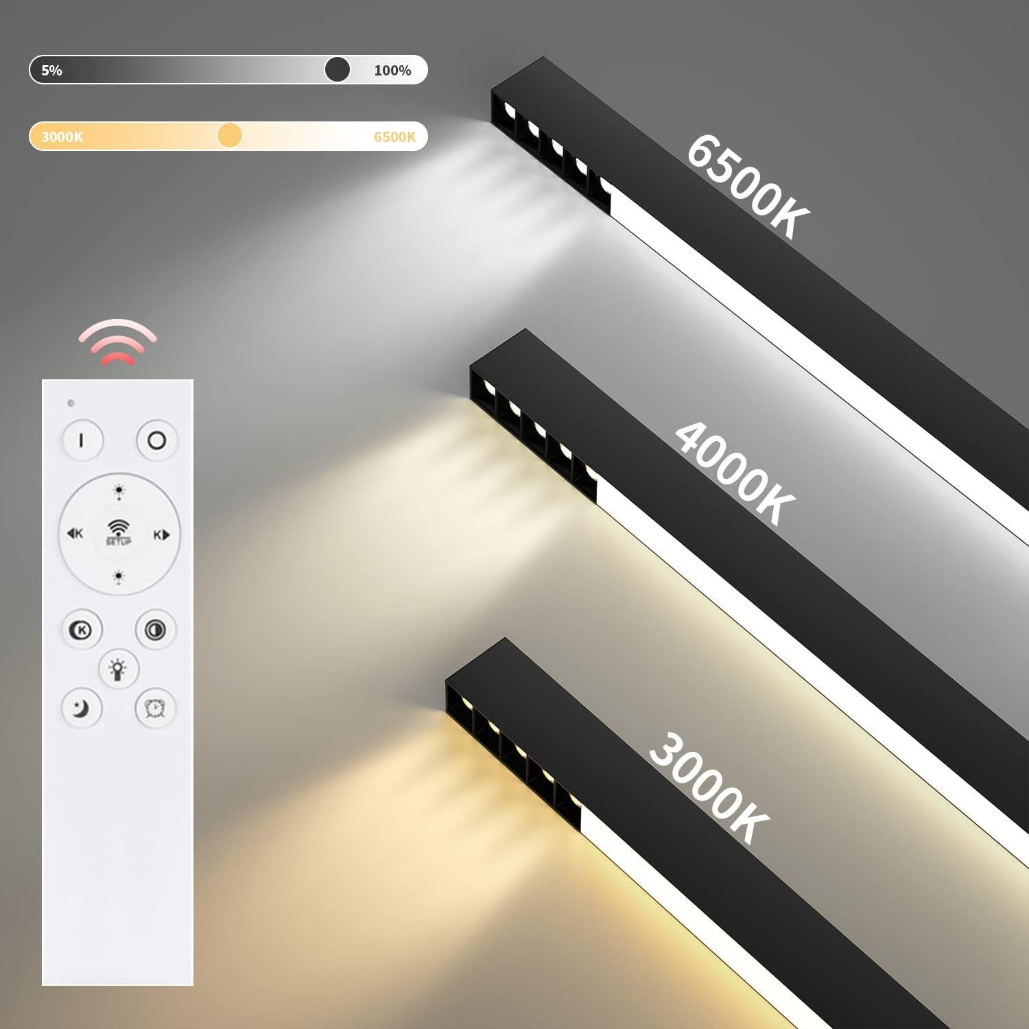 Trzy czarne światła liniowe z regulowaną temperaturą barwową. Pilot znajduje się po lewej stronie.