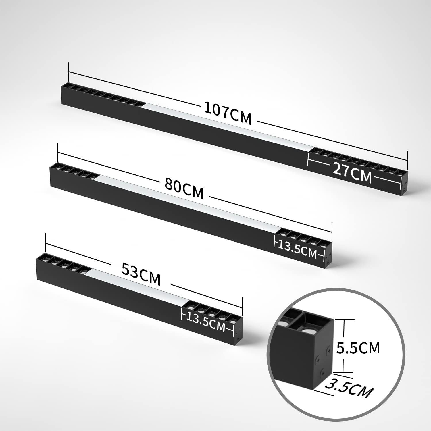 Czarne reflektory szynowe LED w trzech rozmiarach: 107cm, 80cm i 53cm. Wyświetlane są wymiary.