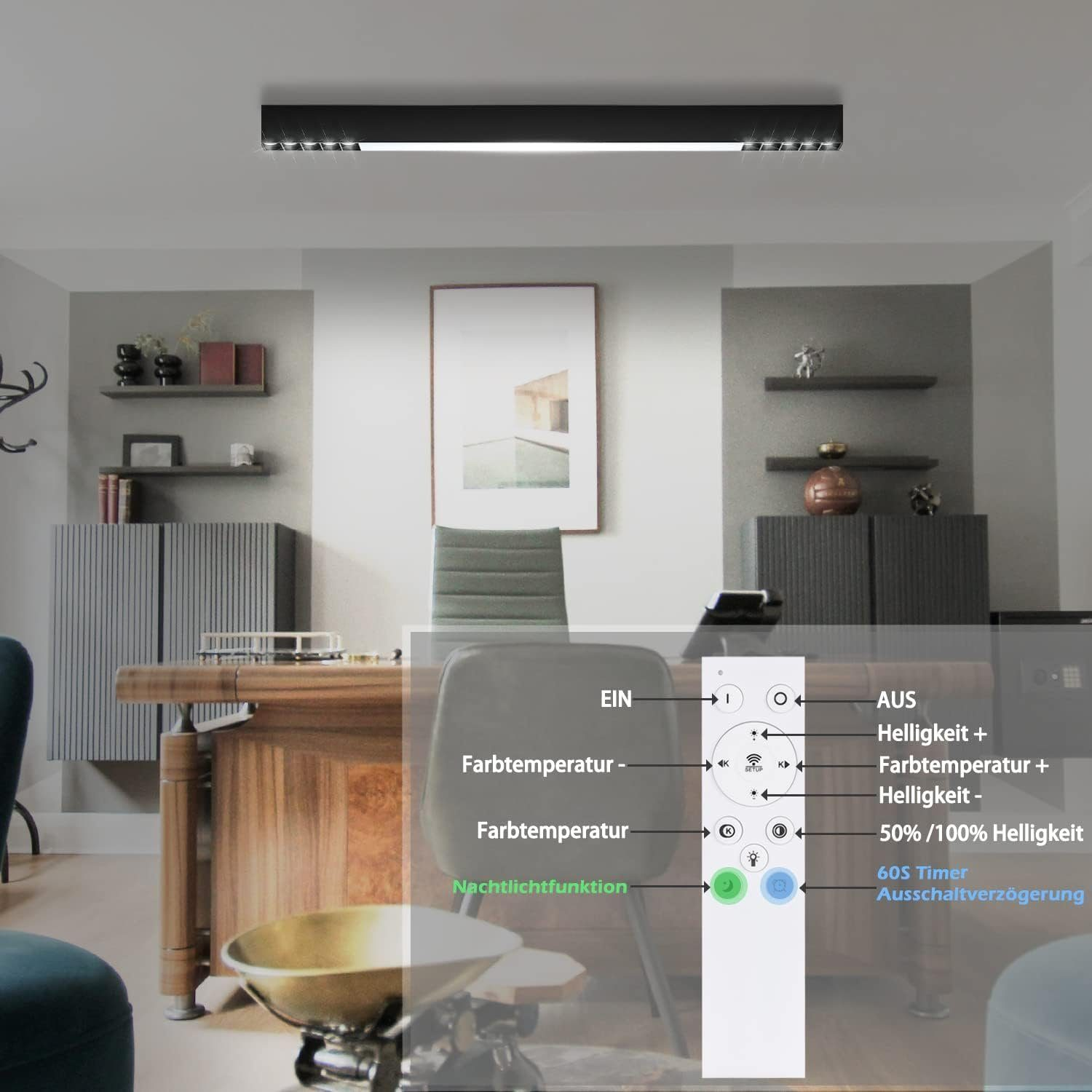 Lampa sufitowa z pilotem pokazującym ustawienia i funkcje. W tle półki i stół.