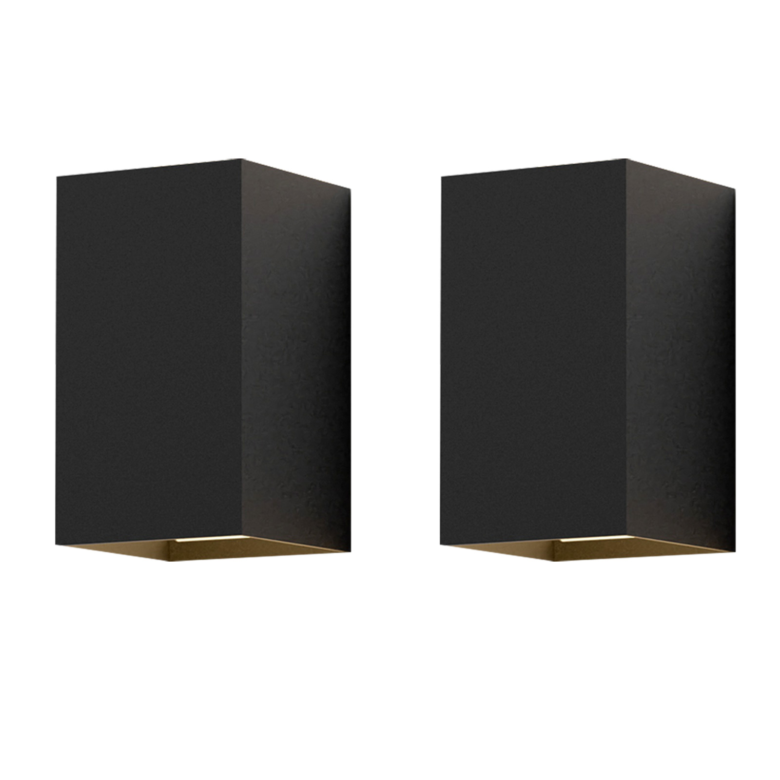 Dwa czarne prostokątne kinkiety ze złotym wnętrzem.