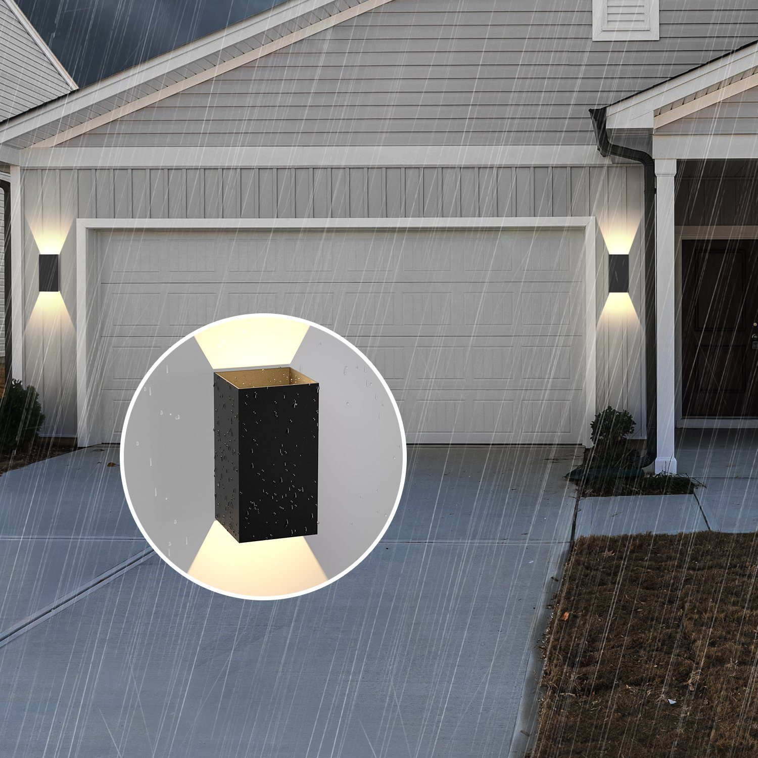 Czarna zewnętrzna oprawa oświetleniowa, w deszczowej scenerii, z podświetlonym reflektorem wewnątrz.