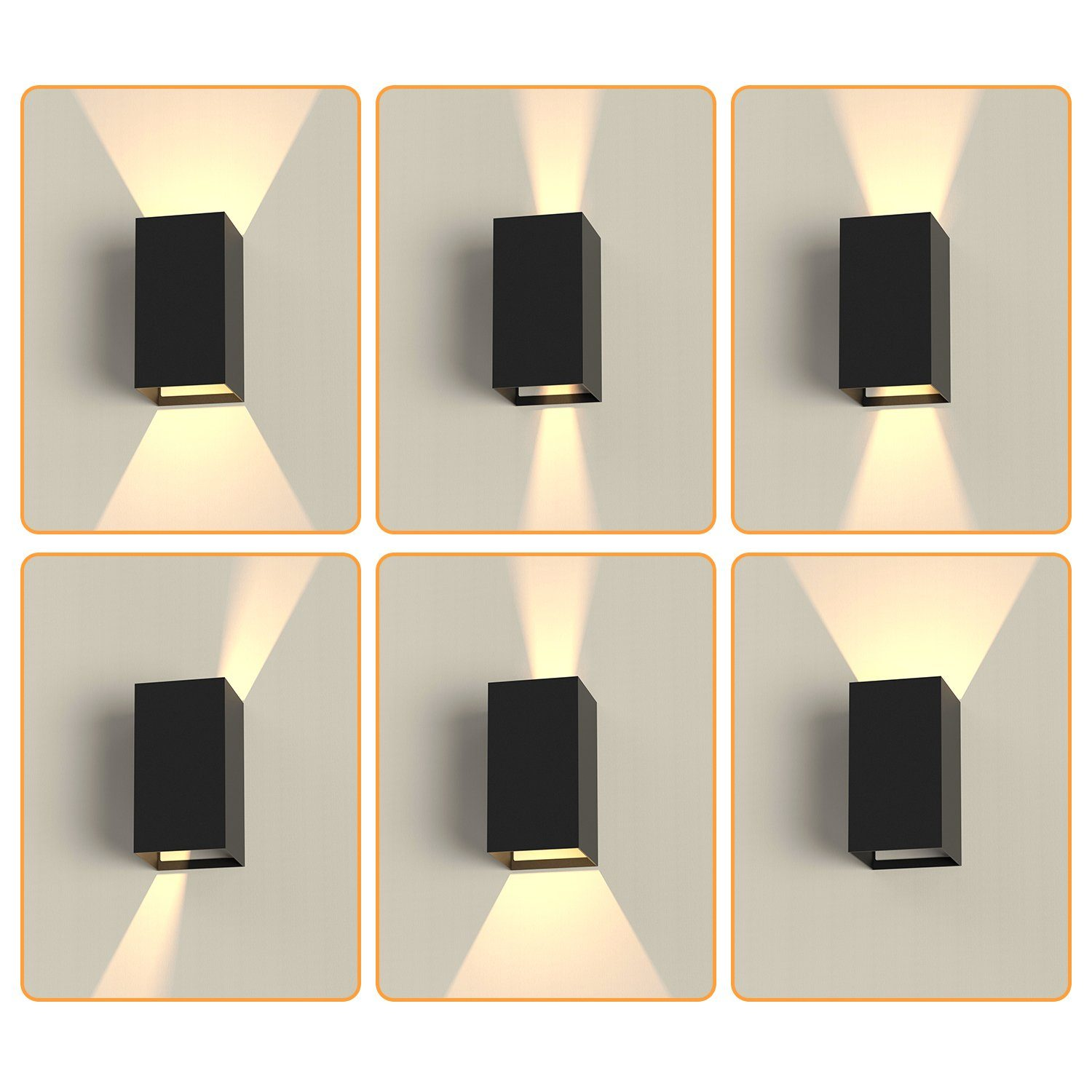 Sześć czarnych lamp ściennych oświetla ścianę. Każda ma prostokątny kształt. Światło świeci w dół i na zewnątrz.