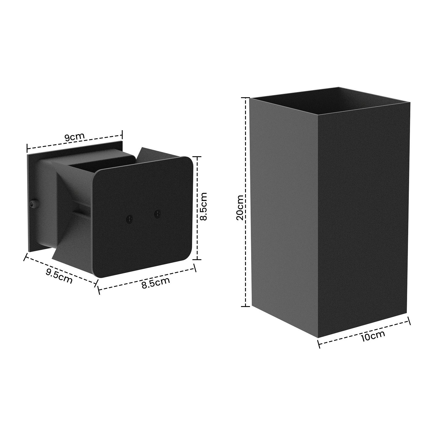 Dwie zewnętrzne czarne lampy ścienne z wymiarami na boku podstawy.
