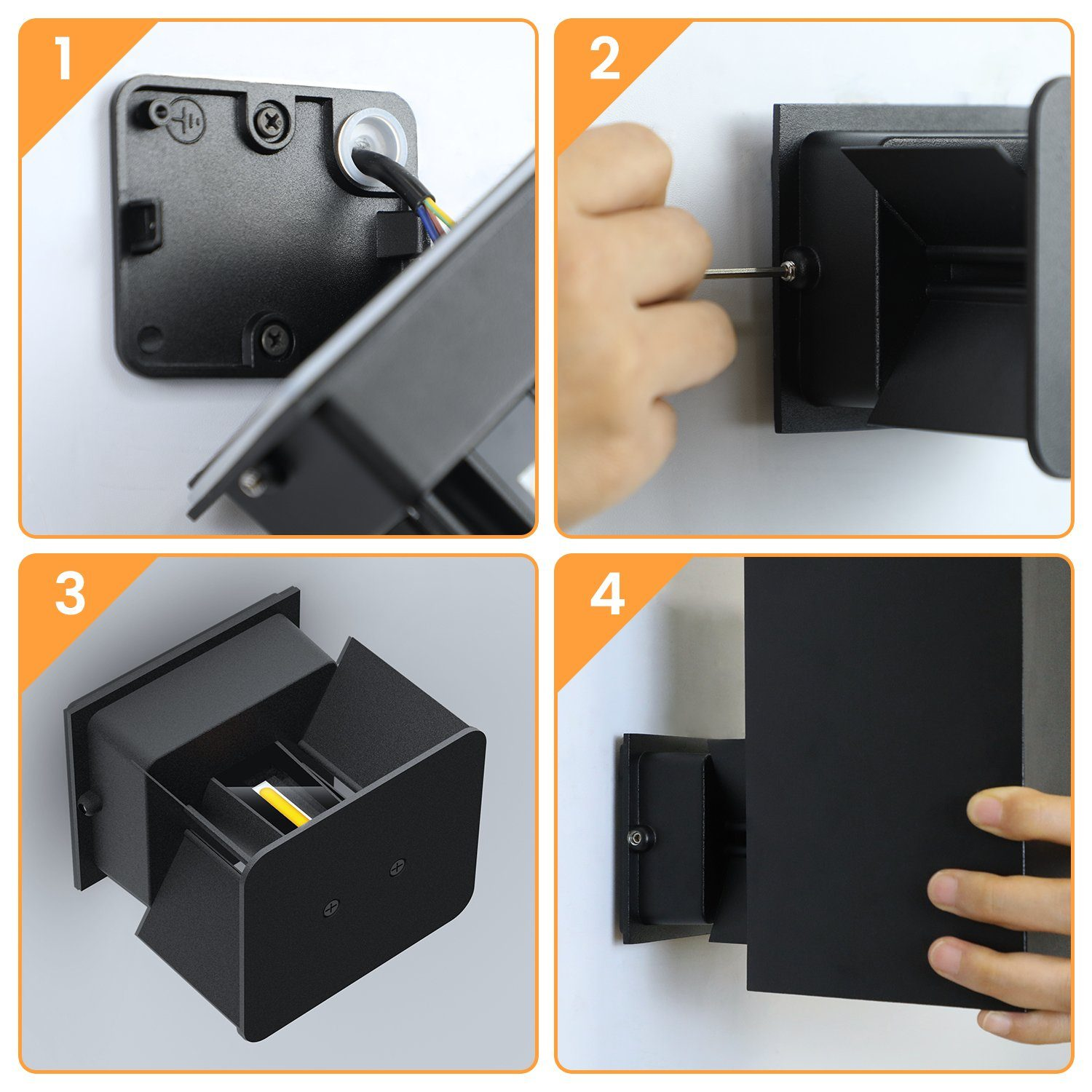 Cztery obrazy pokazują etapy instalacji czarnej kwadratowej oprawy oświetleniowej na ścianie.