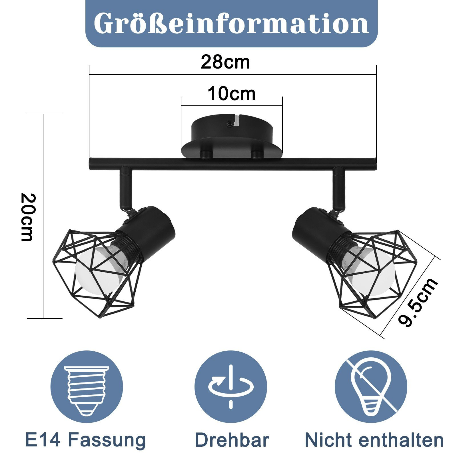 Tabella delle informazioni sulle dimensioni per una lampada da soffitto, comprese le dimensioni e le specifiche della lampadina.