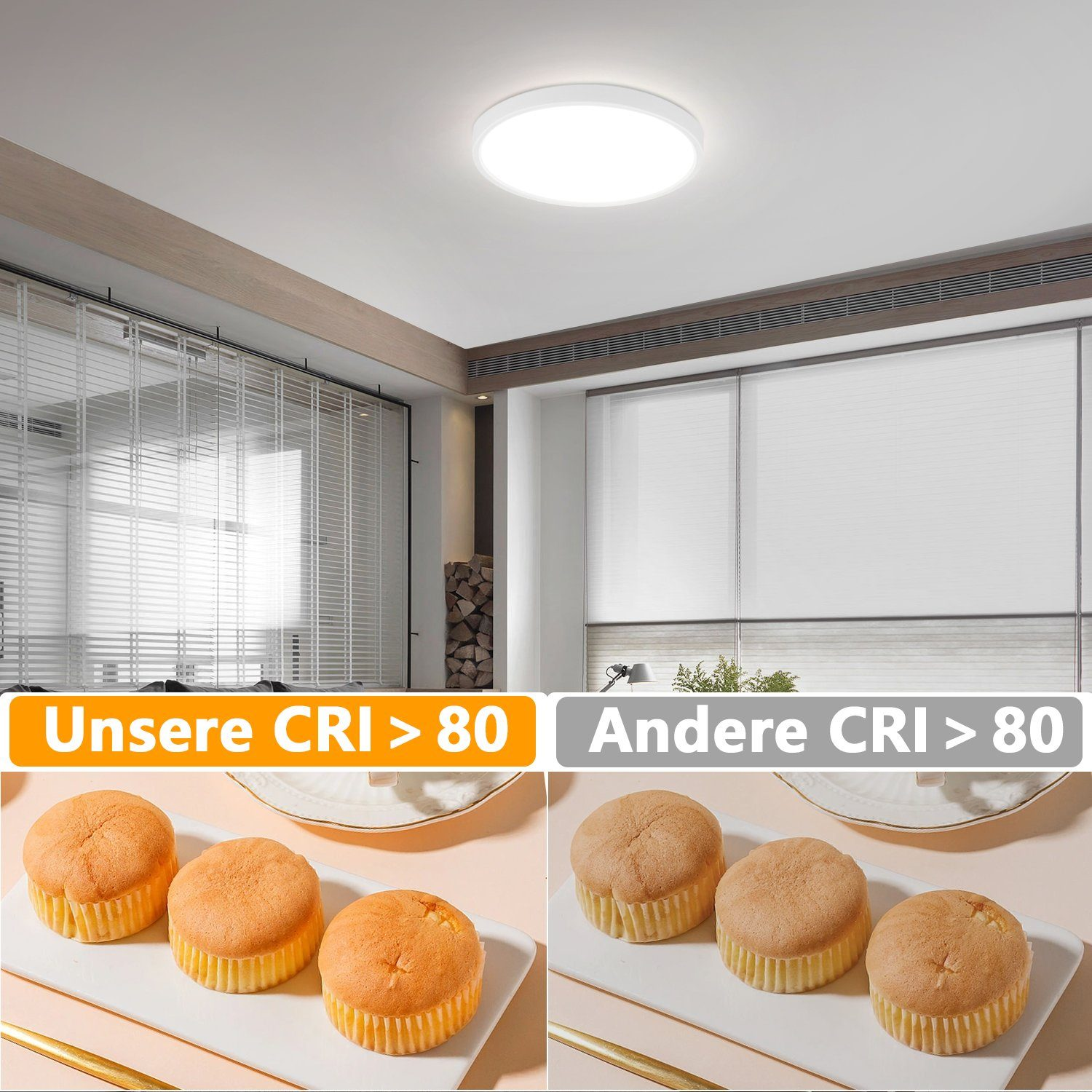 Obraz przedstawia ciasta pod różnym oświetleniem, porównując jakość światła dla ciast.