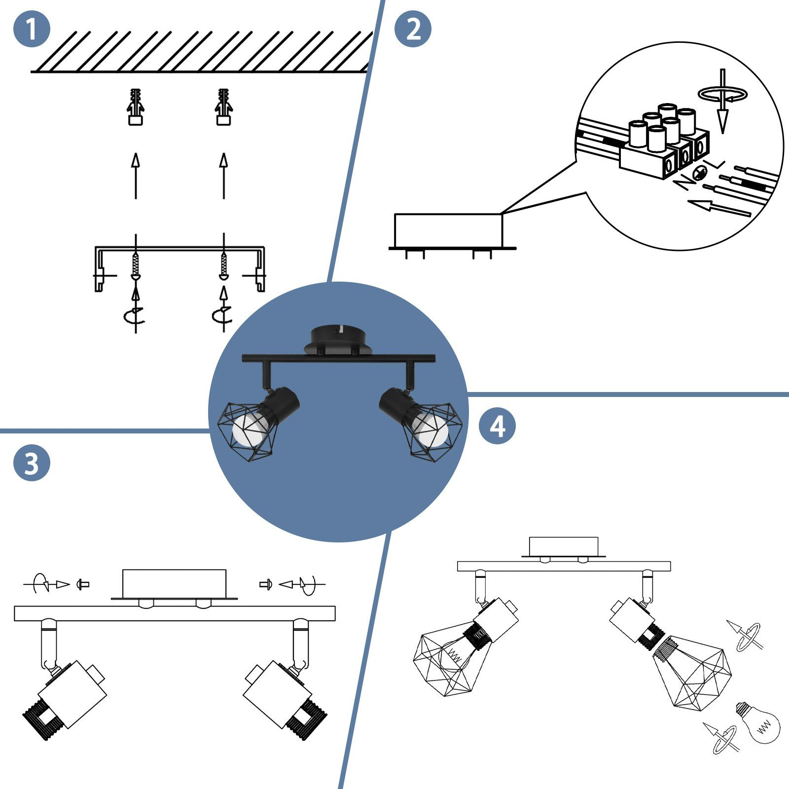 Schema che mostra i passaggi di installazione dell'apparecchio di illuminazione: montaggio a soffitto, collegamento dei fili e fissaggio delle luci.