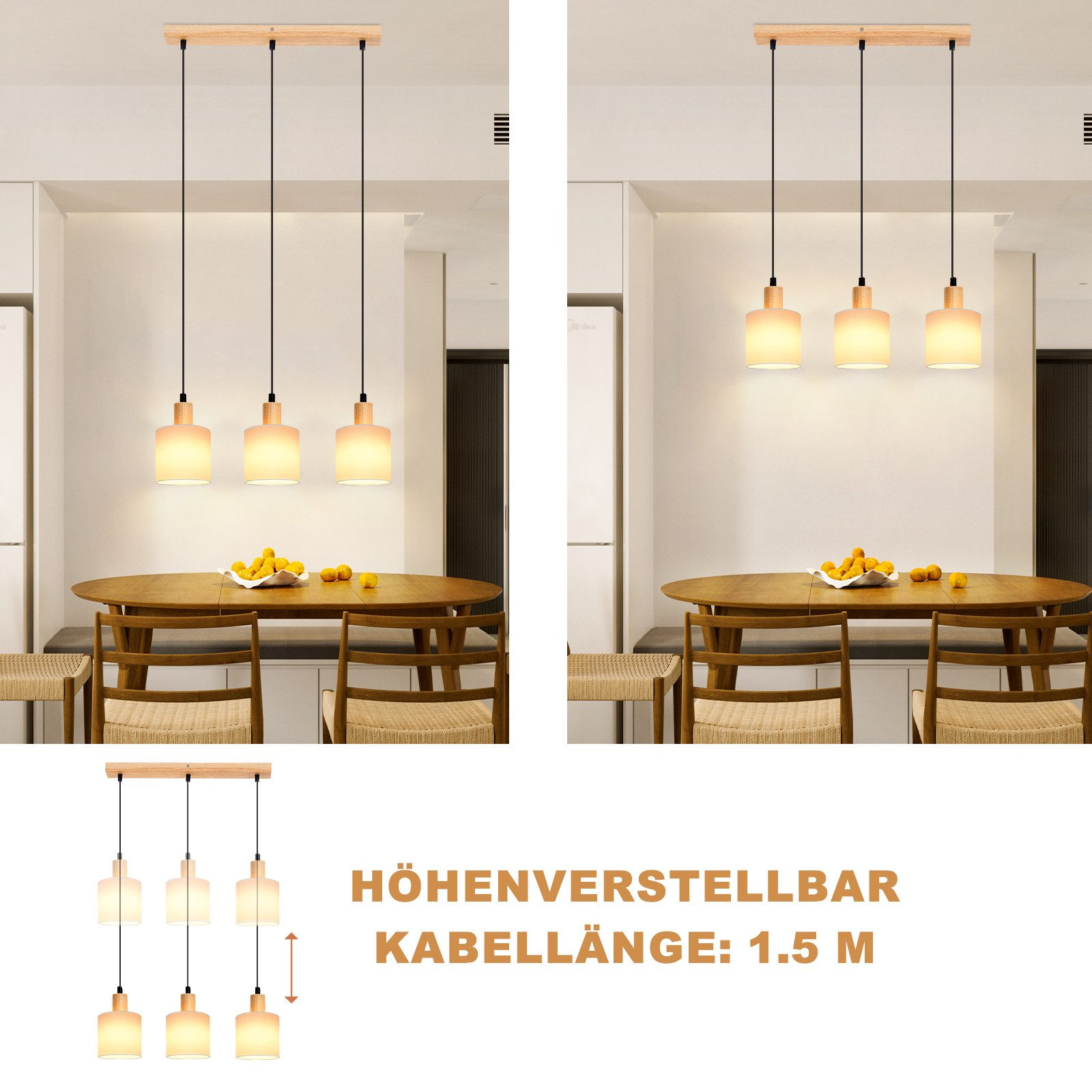 Trzy lampy wiszące nad stołem. Dwa obrazy pokazujące regulację wysokości. Tekst w języku niemieckim o długości kabla.