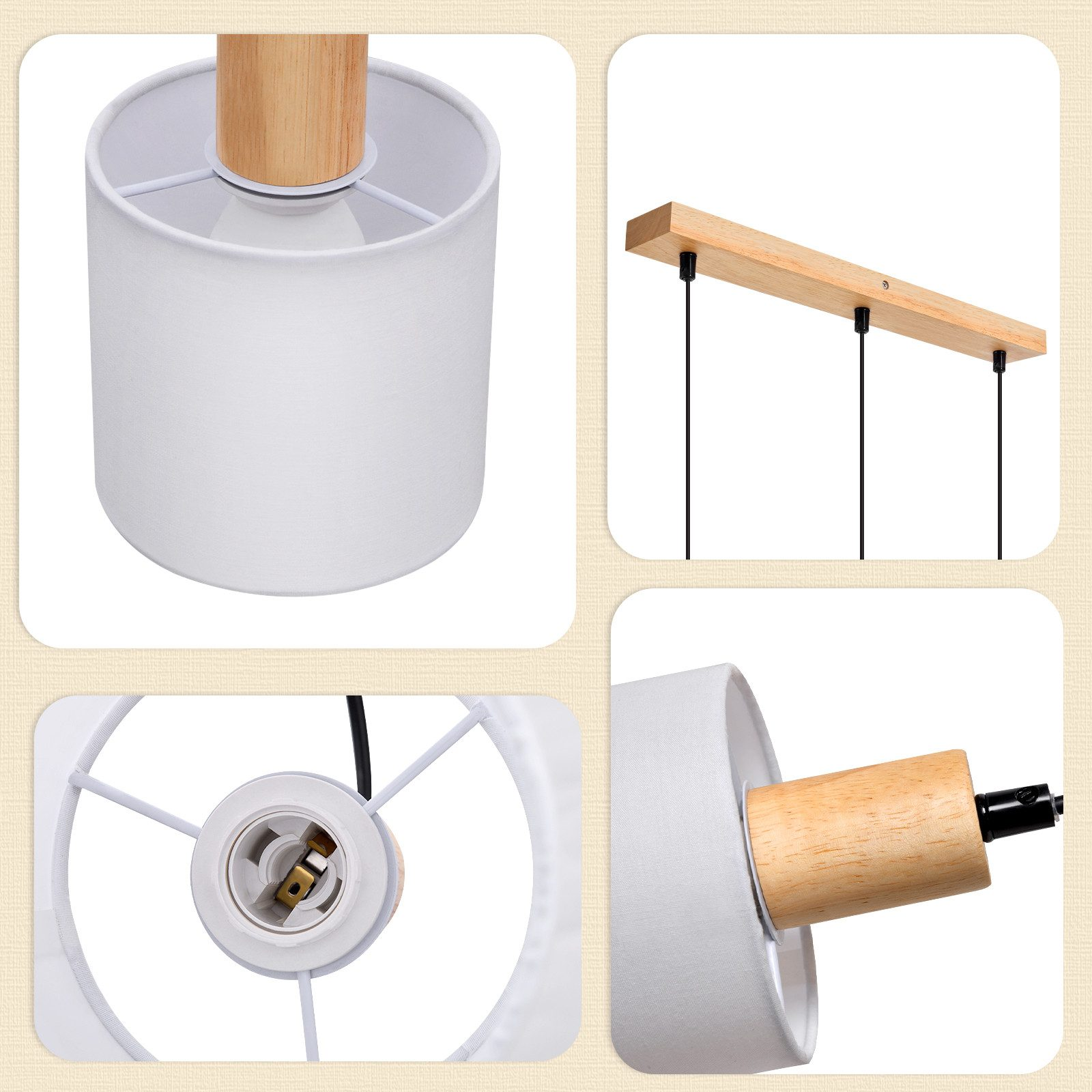 Lampa z białym kloszem i drewnianymi detalami, pokazująca elementy montażowe.