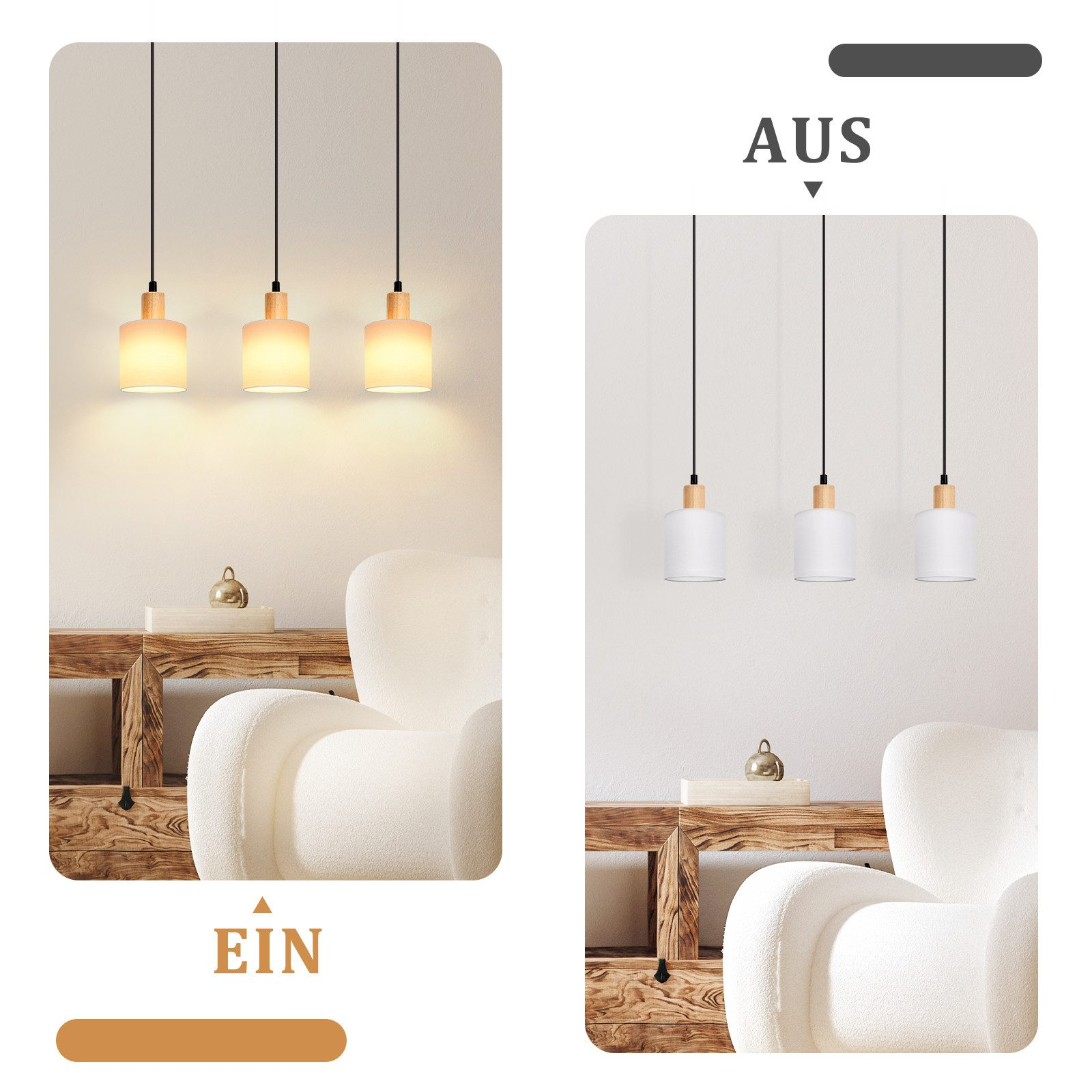 Dwie sceny: jedna z trzema zapalonymi lampami i druga z tymi samymi lampami zgaszonymi.