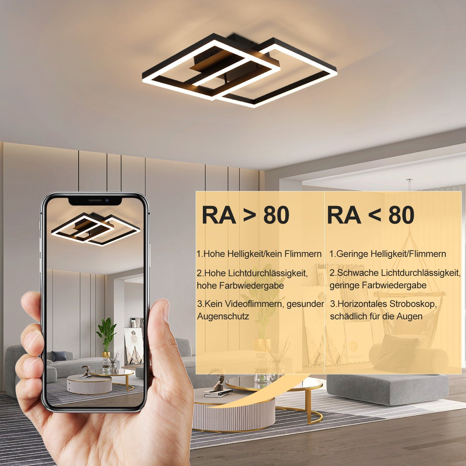 Ręka trzymająca telefon pokazujący lampę. Lampa ma dwa ustawienia. RA<gt/>80 i RA<lt/>80, ze szczegółami każdego trybu.