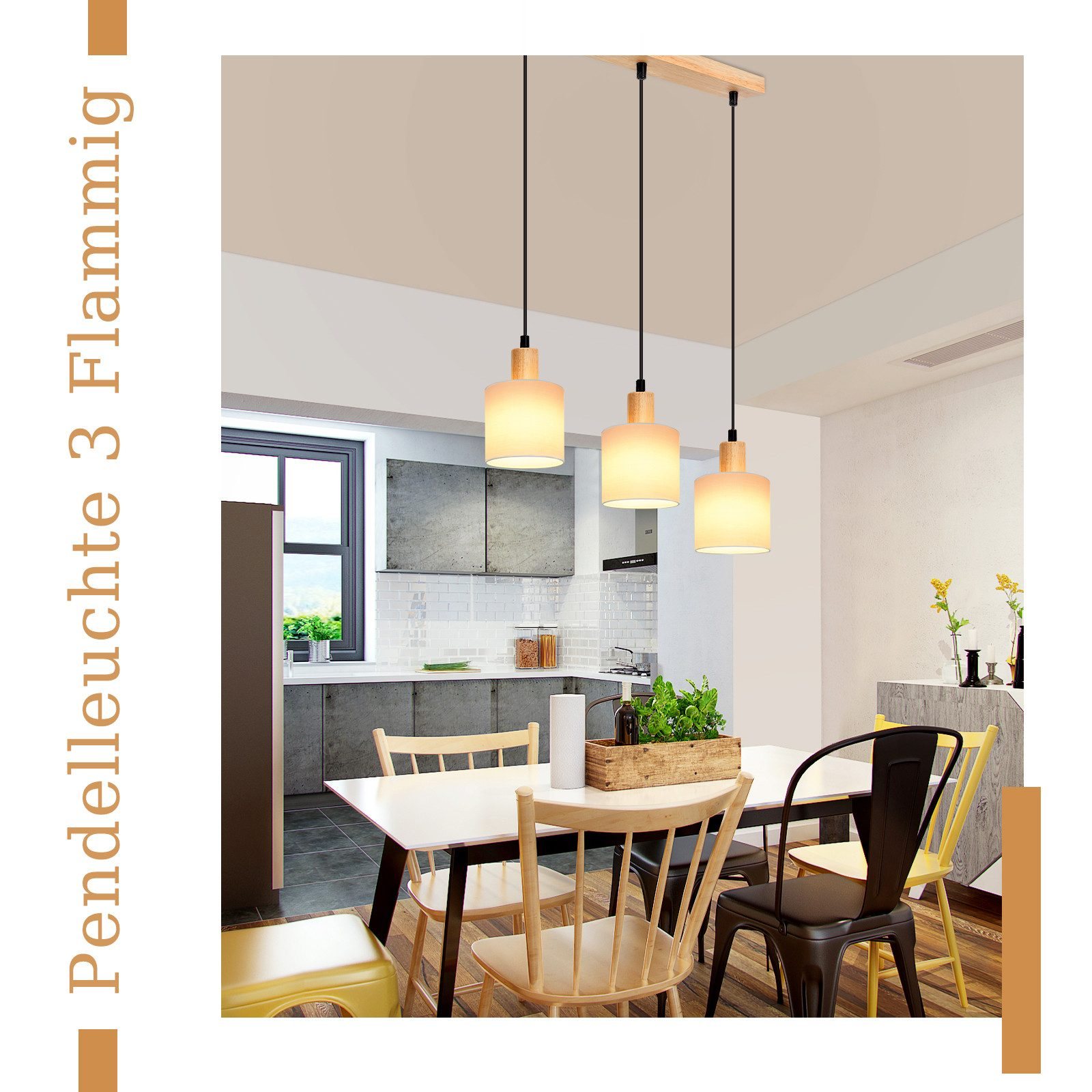 Jadalnia z drewnianym stołem, trzema lampami wiszącymi i krzesłami. Jasne drewno i białe ściany.