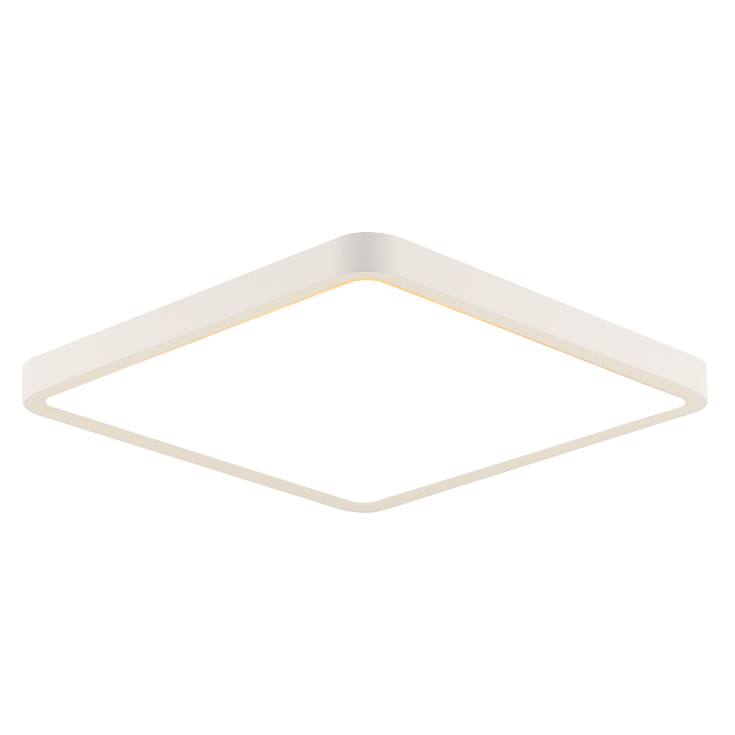 Biała kwadratowa lampa sufitowa LED. Światło jest włączone, a ramka jest biała.