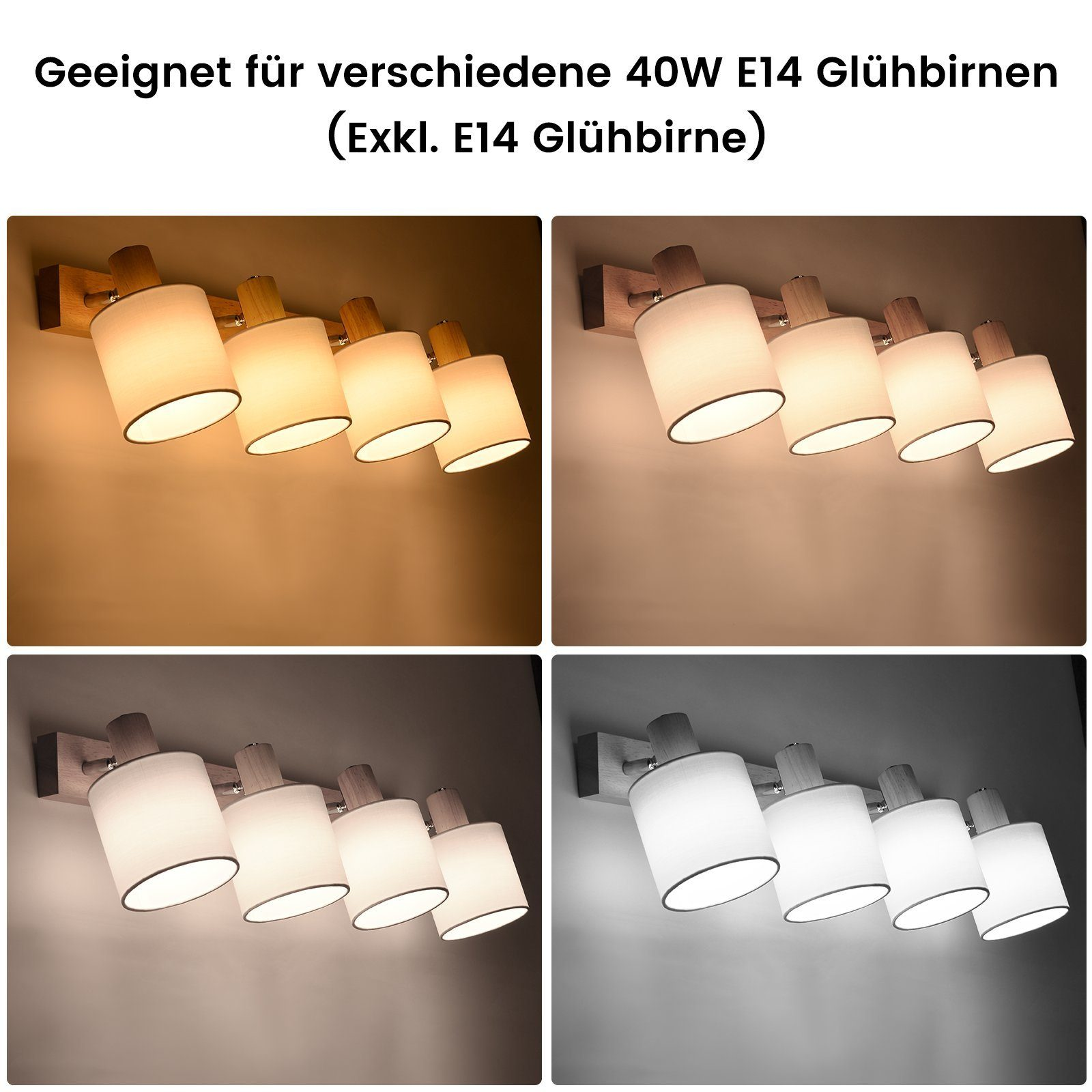 Wiele zdjęć reflektorów, ułożonych w rzędzie, z różnymi efektami świetlnymi i drewnianymi akcentami.