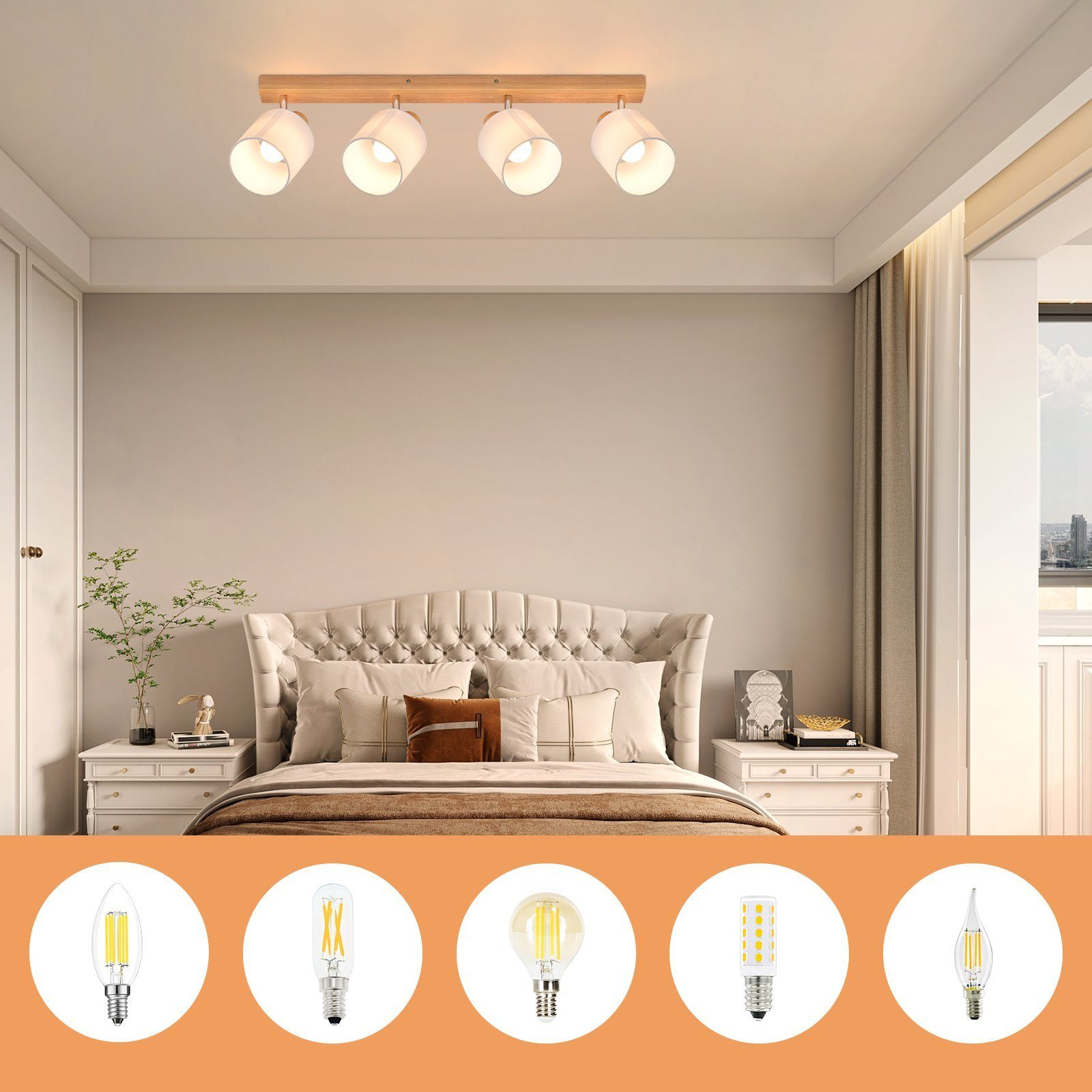 Sypialnia z łóżkiem, szafkami nocnymi i różnymi żarówkami wyświetlonymi poniżej.