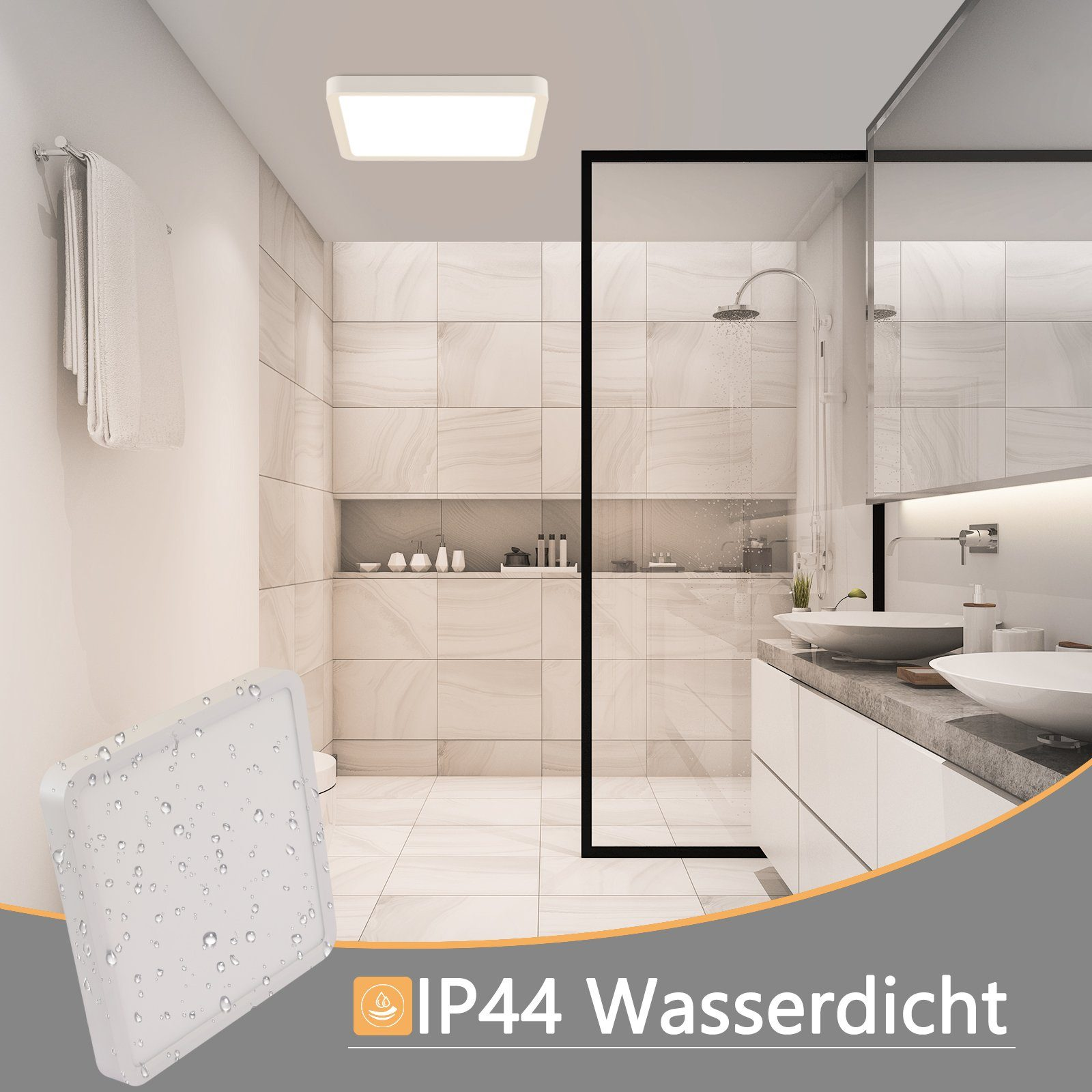 Kwadratowa lampa łazienkowa z kabiną prysznicową i umywalką z lustrem w tle.