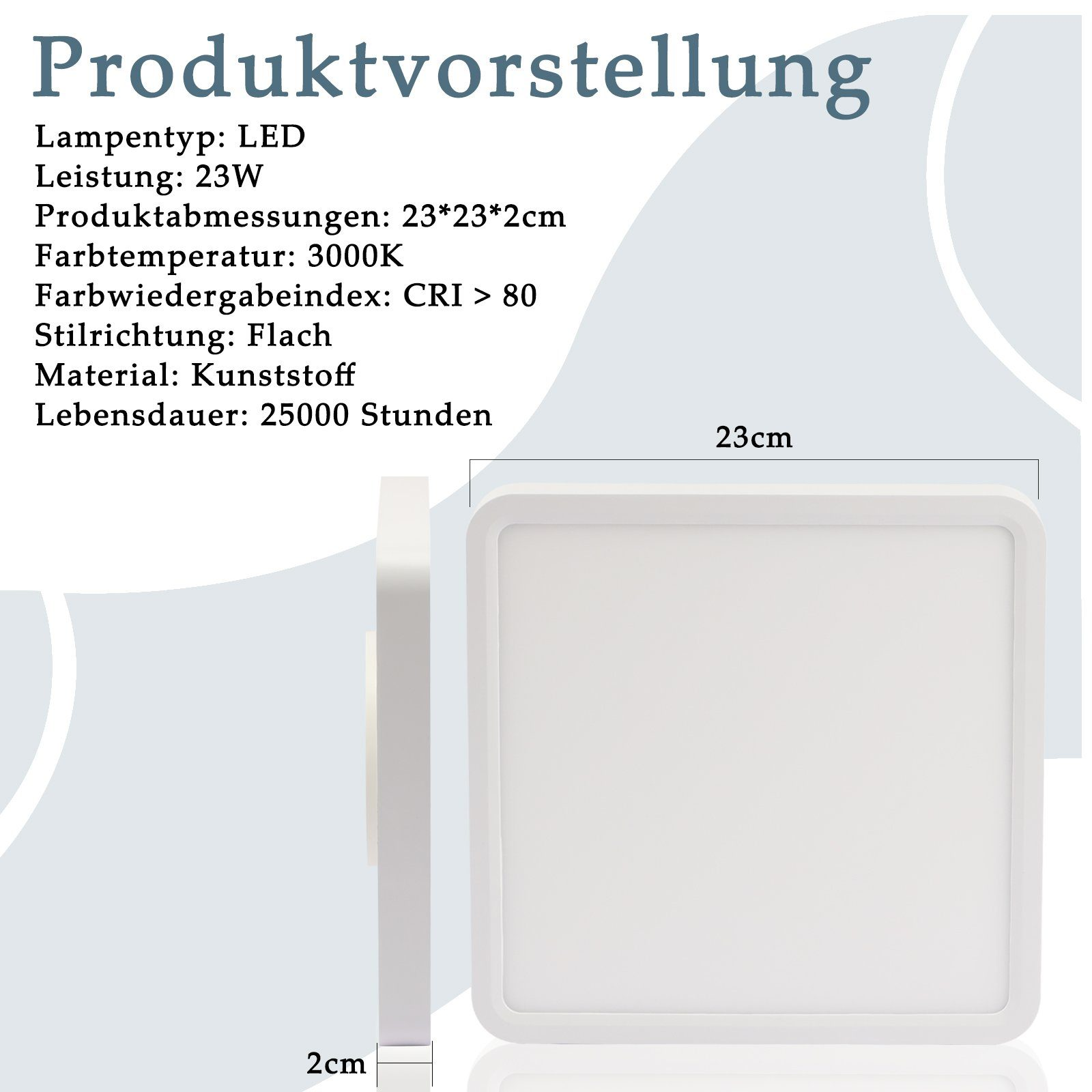 Biały kwadratowy panel LED z wymiarami i specyfikacjami. Pokazano wymiary i specyfikacje produktu.