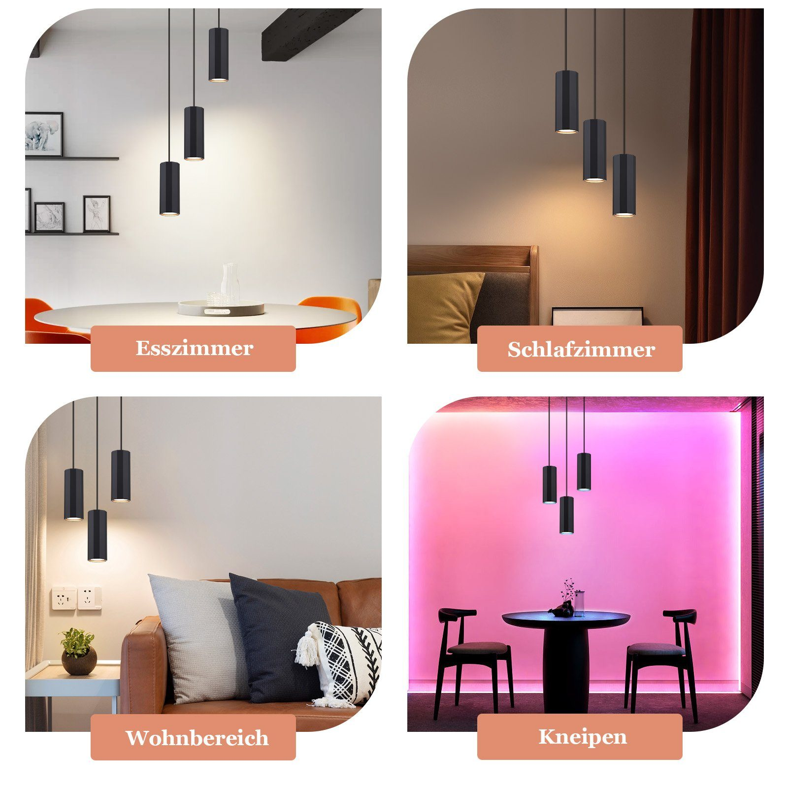 Vier Bilder von schwarzen Pendelleuchten in verschiedenen Umgebungen: Esszimmer, Schlafzimmer, Wohnzimmer und Kneipe.