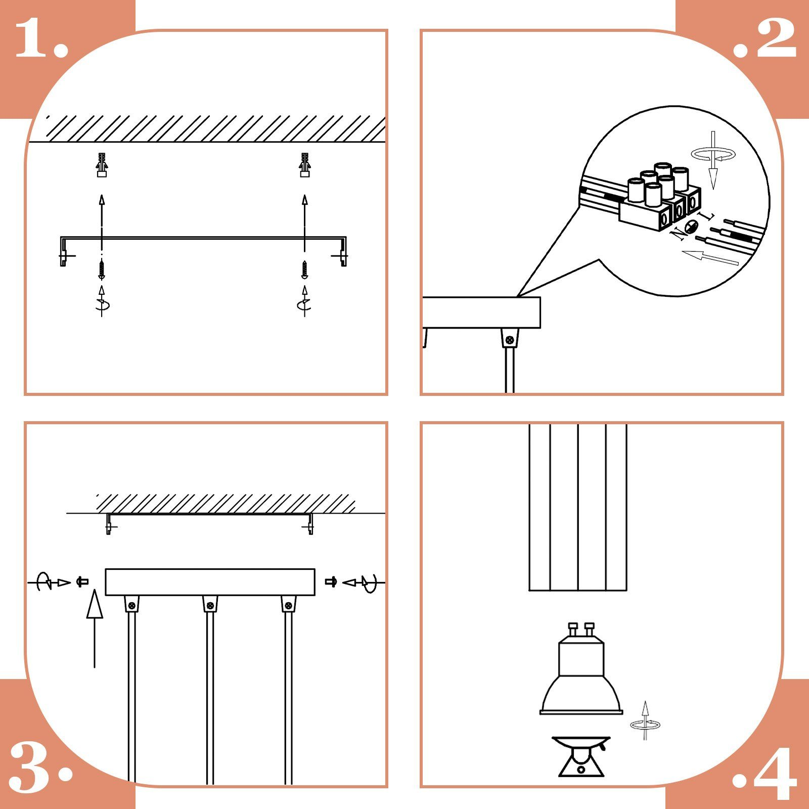 Czterostopniowy diagram pokazujący instalację oprawy oświetleniowej za pomocą śrub, przewodów i lampy.