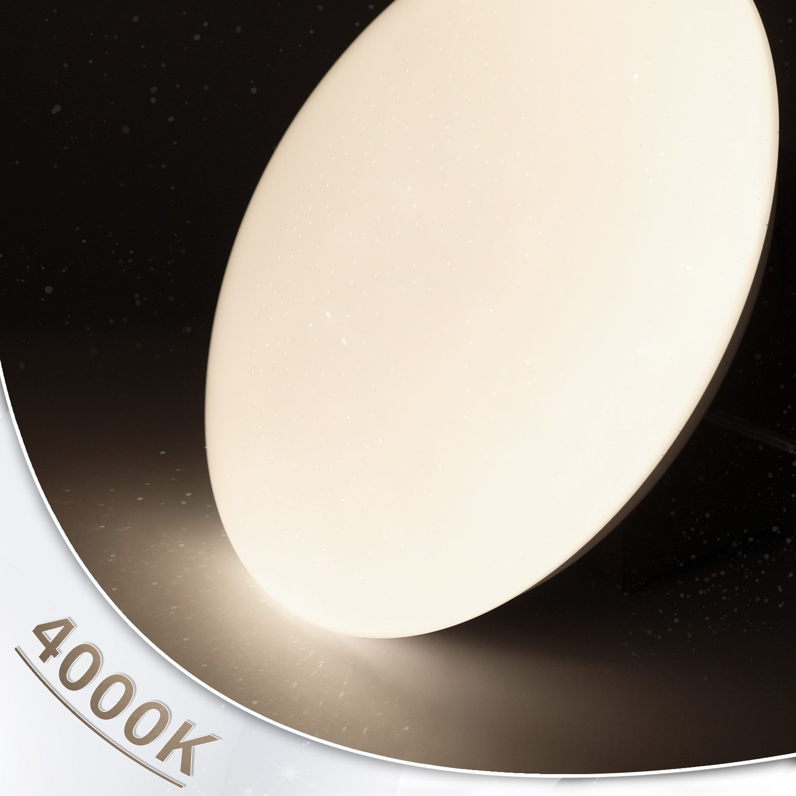 Podświetlona biała okrągła lampa z etykietą 4000K na ciemnym tle.