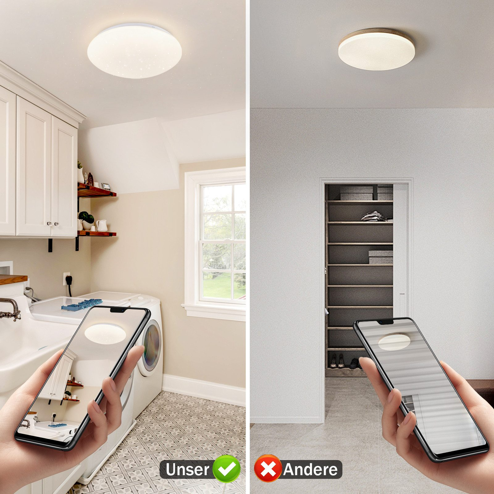 Dwa zdjęcia: inteligentna lampa sufitowa w pralni i sypialni.