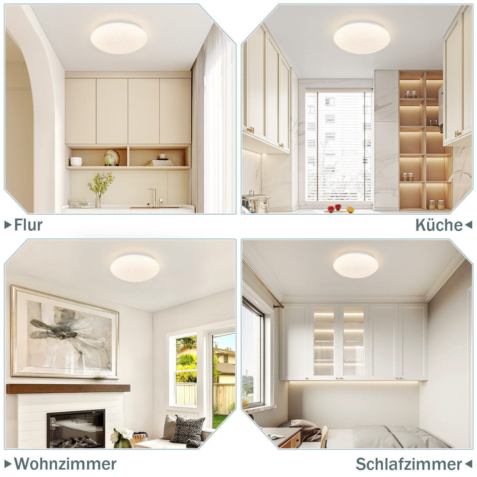 Cztery obrazy: kuchnia, salon, sypialnia i hol. Wszystkie mają oprawę oświetleniową.