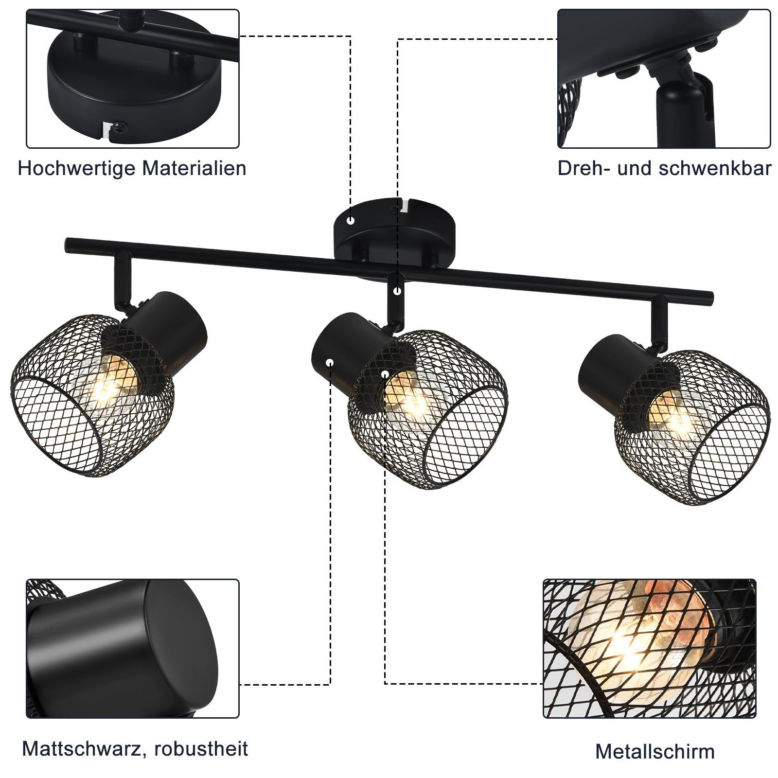 Czarna oprawa oświetleniowa szynowa z trzema reflektorami pokrytymi siatką, szczegóły dotyczące oprawy i zbliżenie siatki.