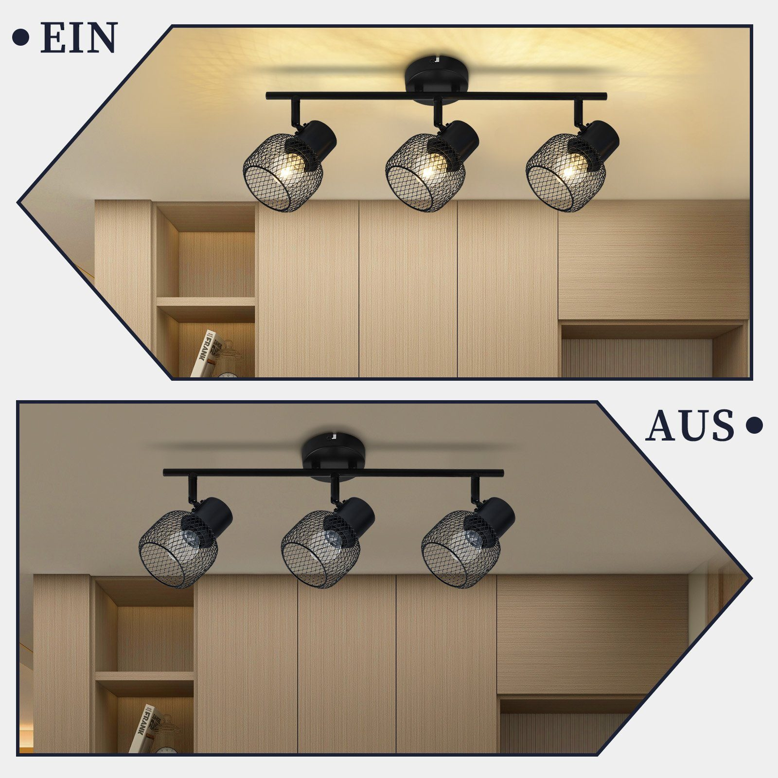 Dwa obrazy: światła włączone i wyłączone. Czarne lampy zamontowane na suficie.
