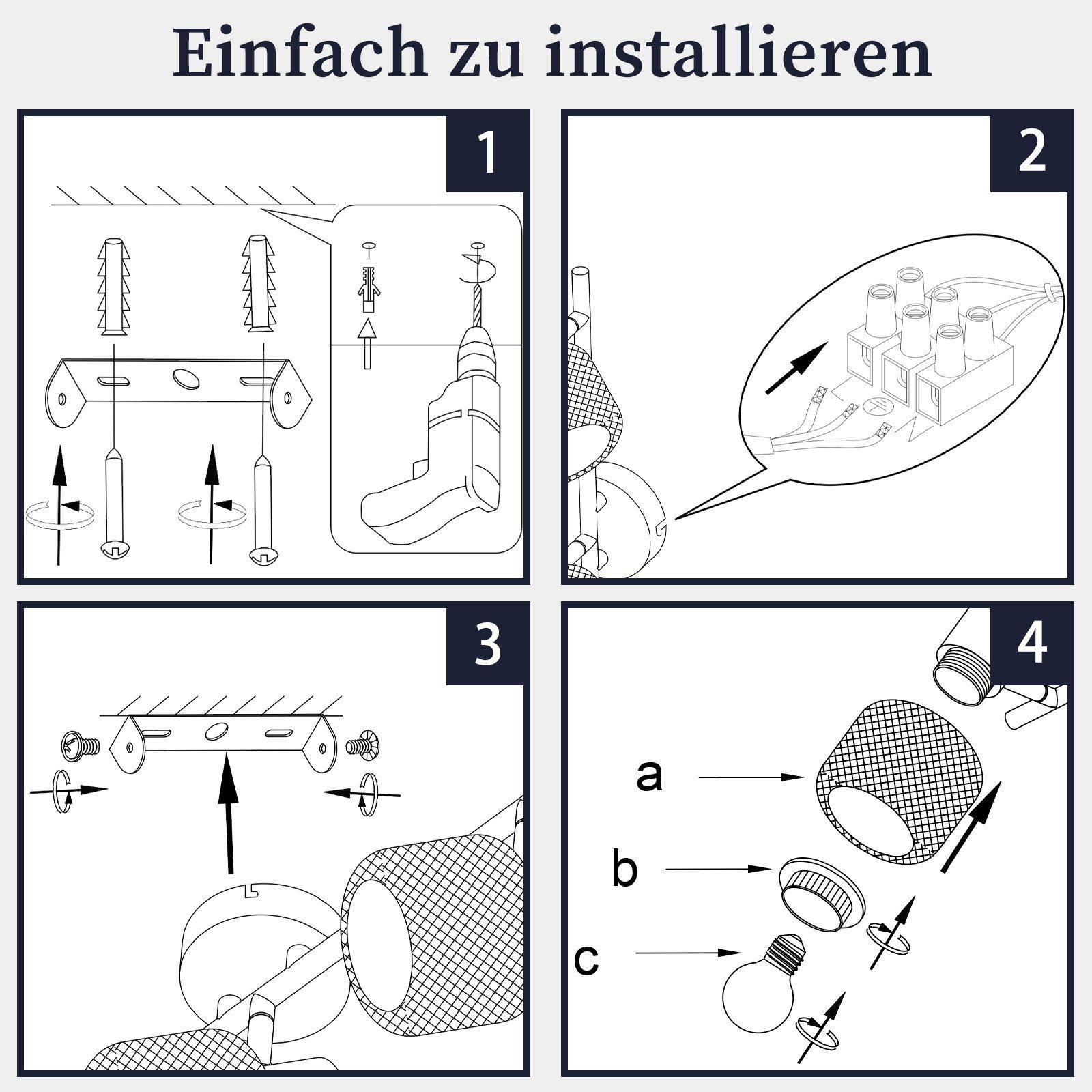 Schemat przedstawiający kroki instalacji lampy. Cztery kroki oznaczone 1-4. Wyjaśnia, jak zainstalować lampę.