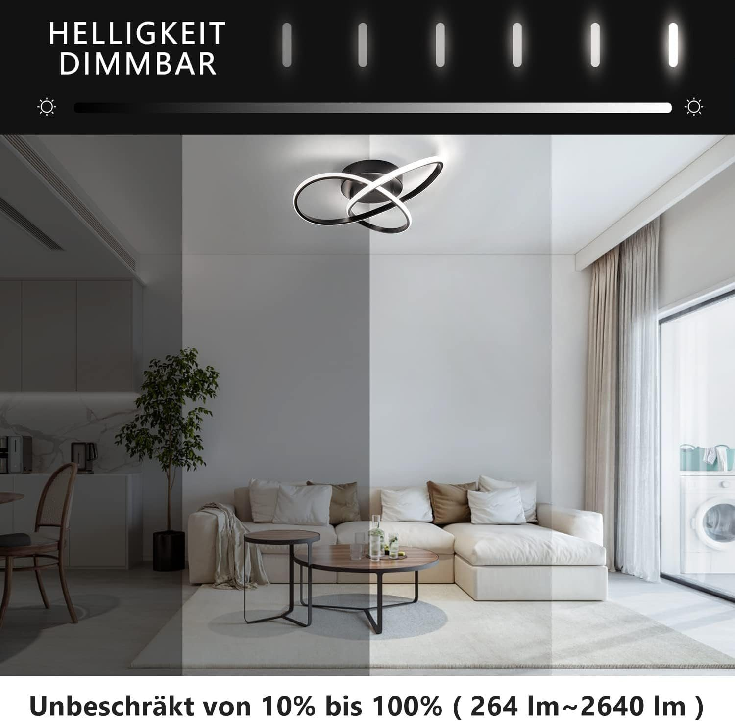 Pokój z nowoczesną, ściemnianą lampą sufitową. Pokazuje różne poziomy światła.