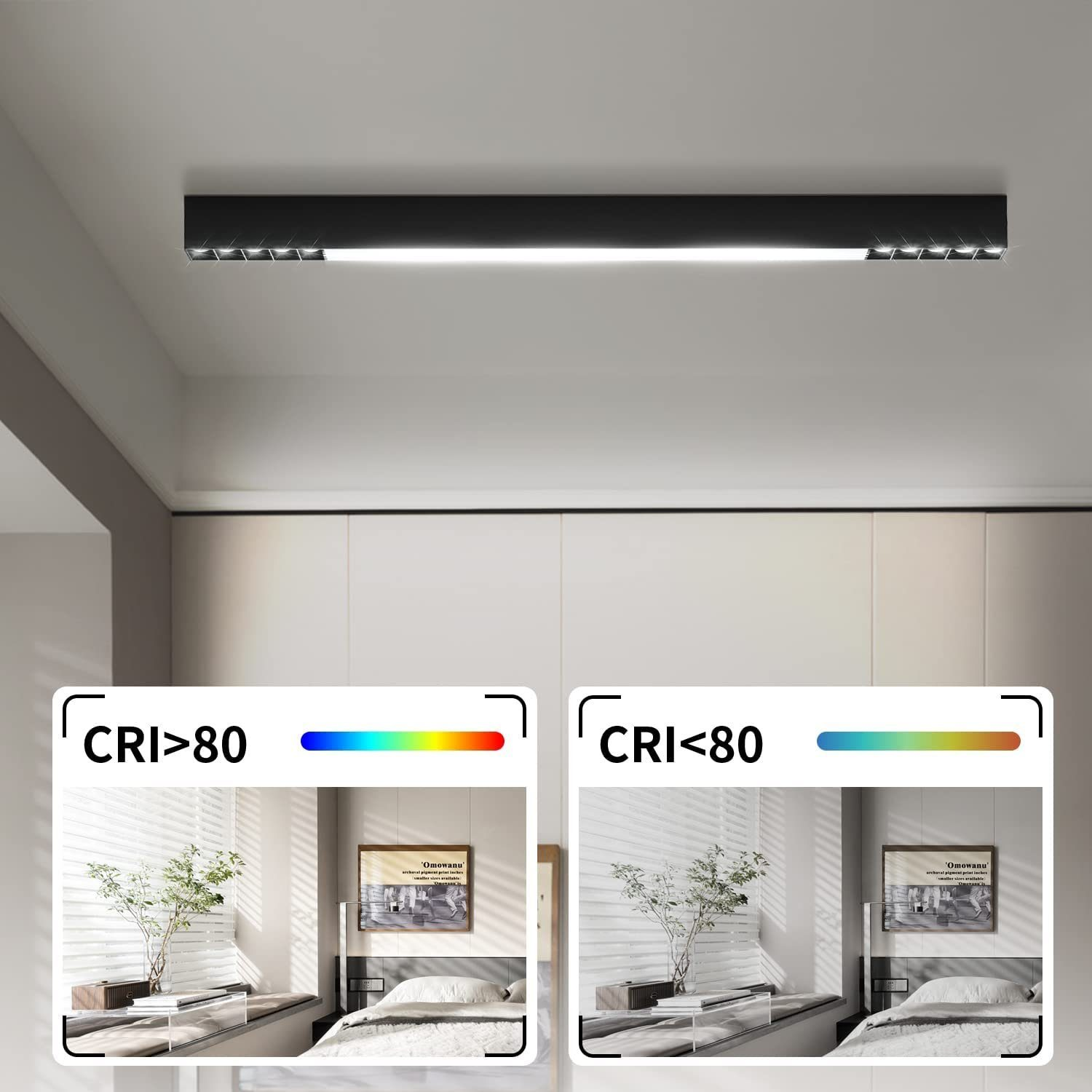 Czarna, prostokątna lampa sufitowa na białym suficie, z dwoma porównaniami kolorów.