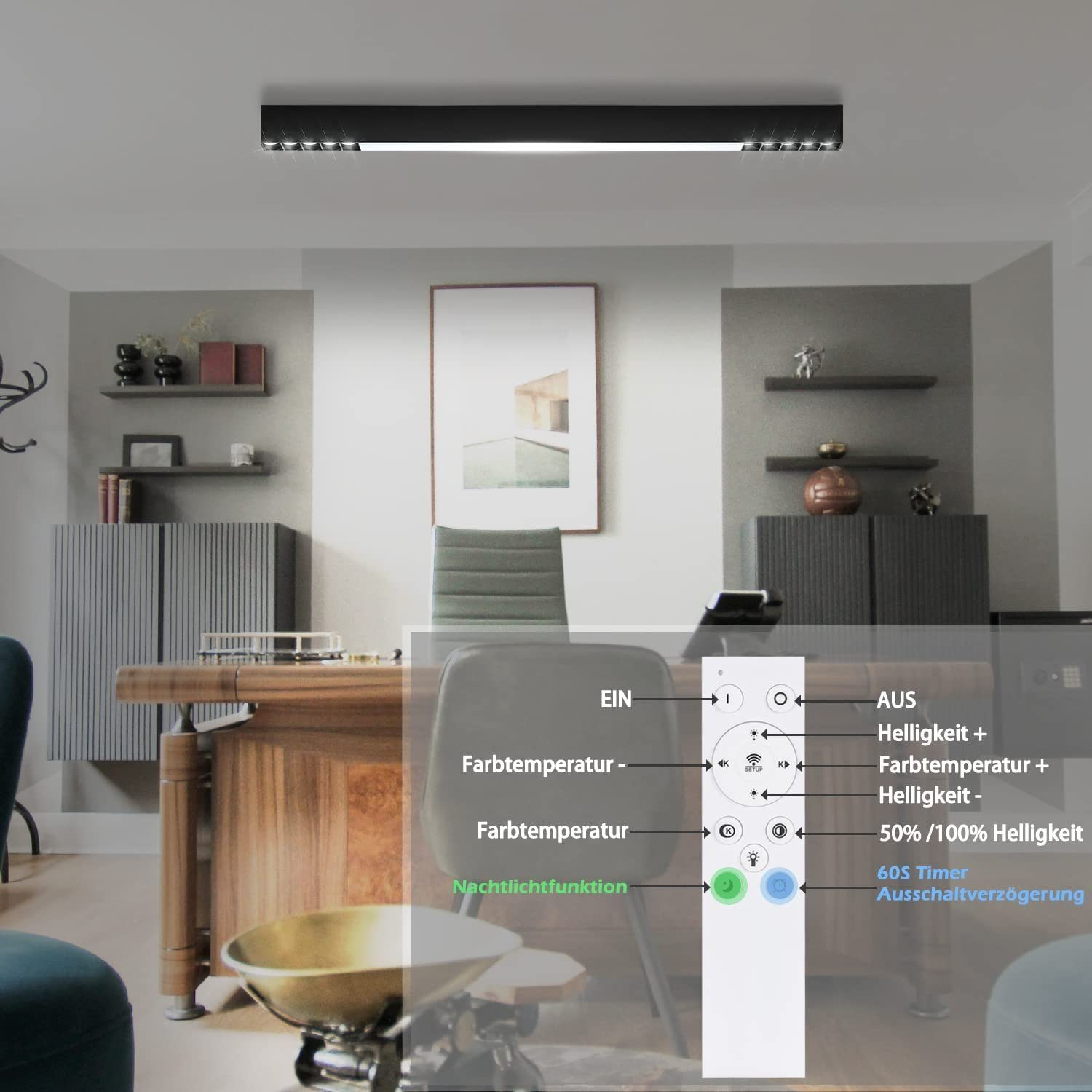 Nowoczesna czarna lampa sufitowa z pilotem i elementami panelu sterowania.