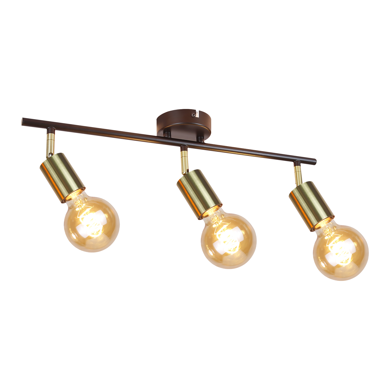 Lampa sufitowa z trzema żarówkami ze złotymi końcówkami. Oprawa jest w kolorze ciemnobrązowym.