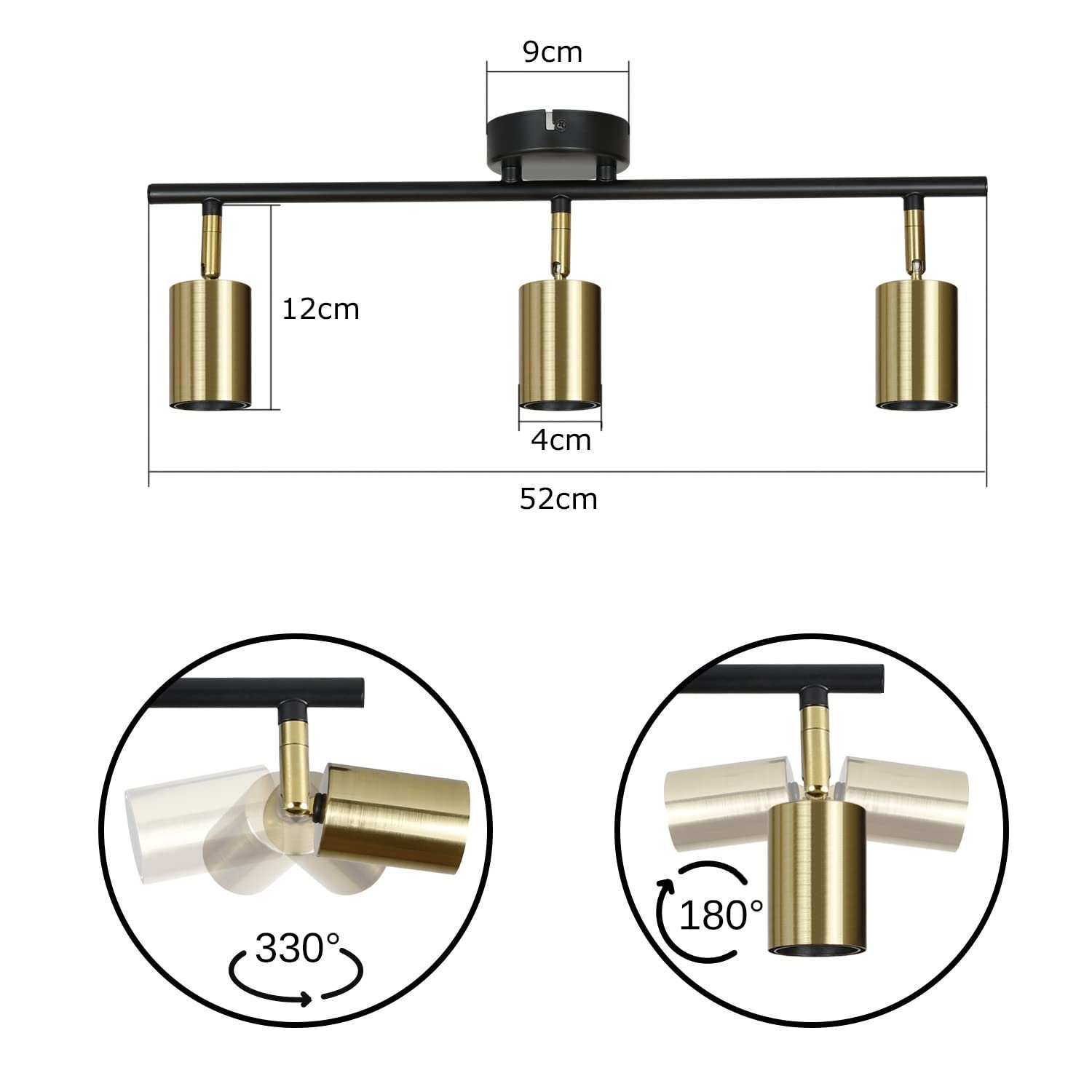 Czarna lampa sufitowa z trzema złotymi, cylindrycznymi światłami. Wymiary są pokazane.