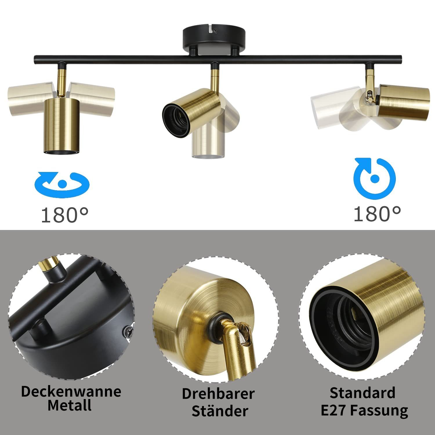 Czarna lampa sufitowa z trzema regulowanymi złotymi lampami. Szczegóły lampy i uchwytu pokazane z obrotem o 180°.