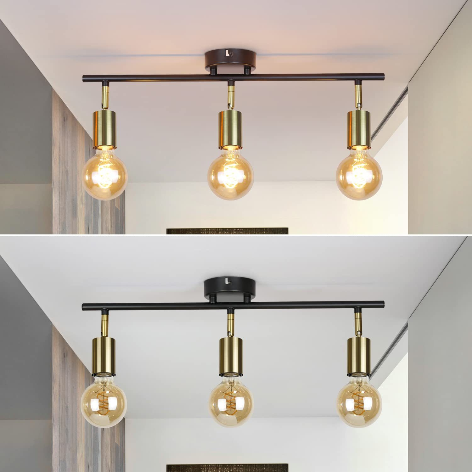 Dwa obrazy lampy sufitowej z trzema złotymi żarówkami. Jeden obraz ze światłami włączonymi, drugi wyłączonymi.