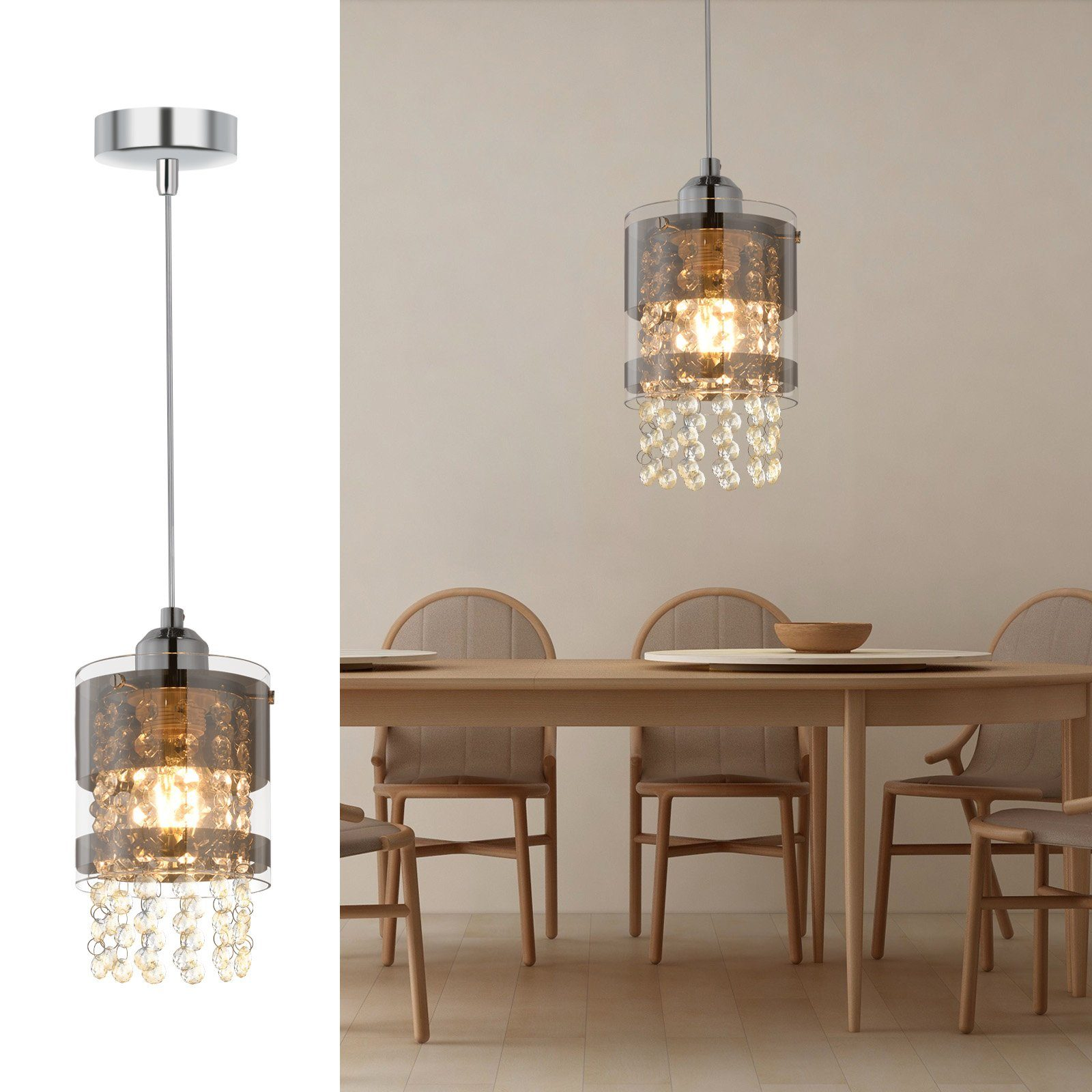 Lampa wisząca z chromowaną górą, szklanym kloszem i wiszącym kryształem. Wisi nad stołem jadalnym.