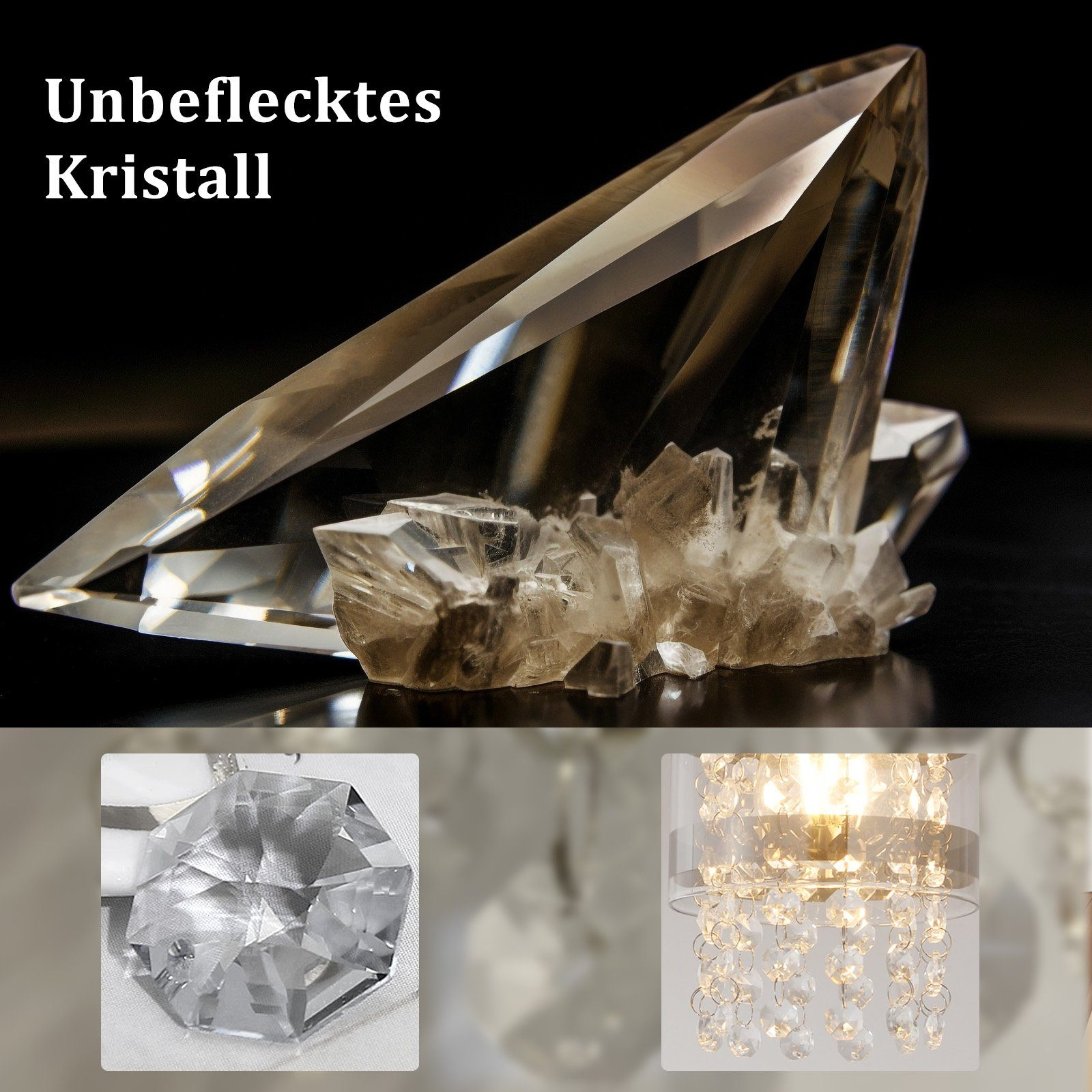 Duży, przezroczysty kryształ z innymi kryształami i obrazami żyrandoli. Tekst: Unbeflecktes Kristall.