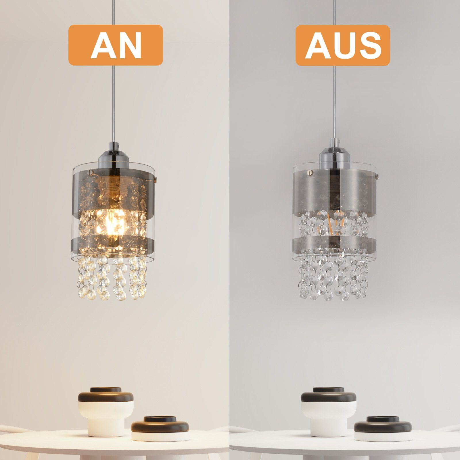 Pokazano dwie lampy wiszące. Jedna jest włączona, druga wyłączona. Obie mają kryształy.