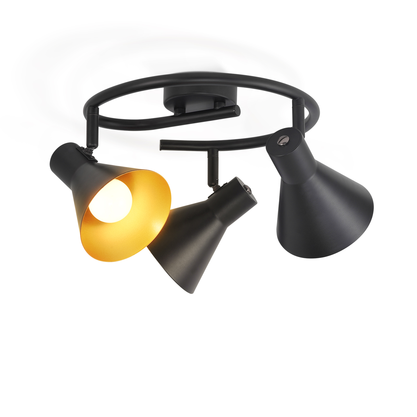 Czarna oprawa oświetleniowa szynowa z trzema regulowanymi reflektorami. Światła mają złote wnętrza.
