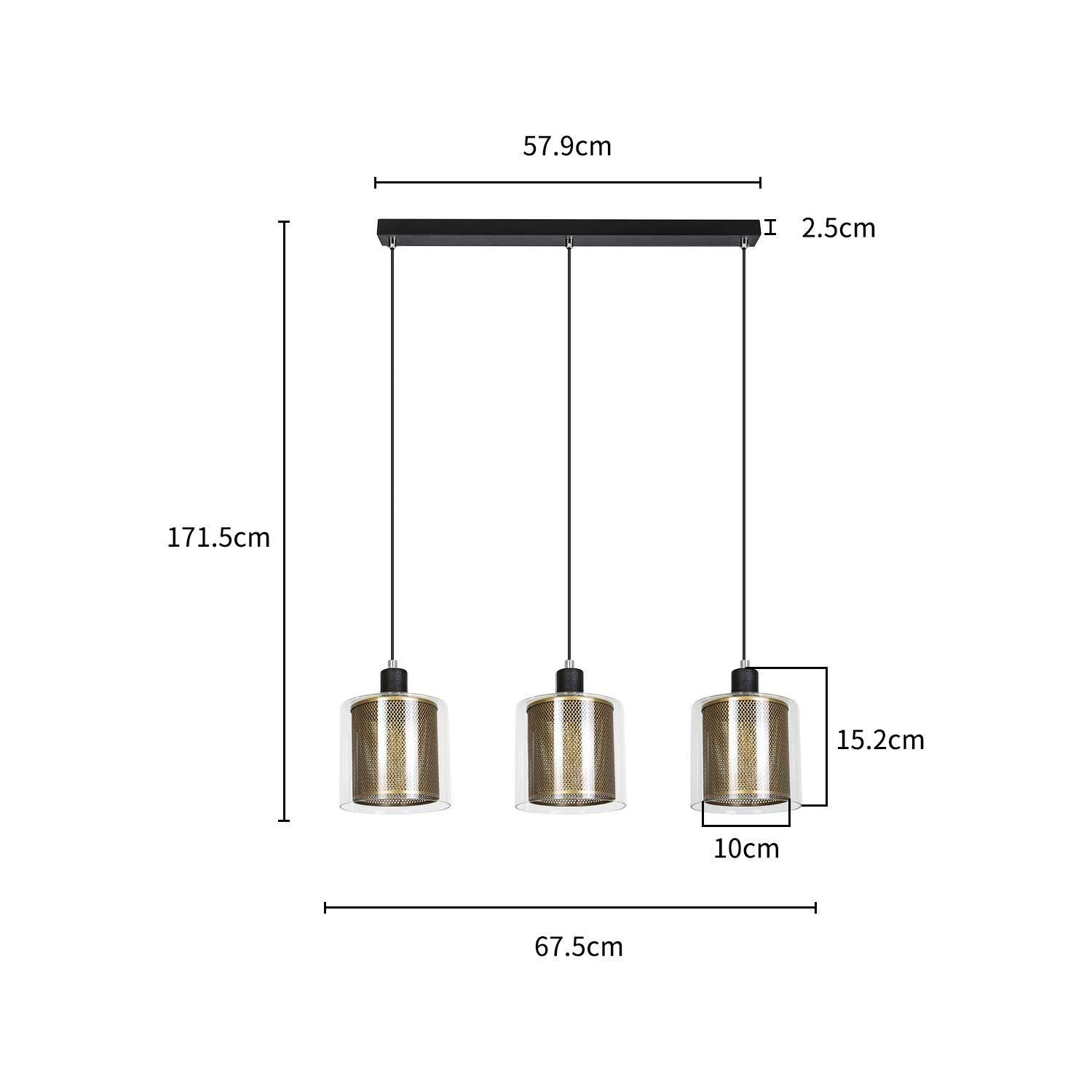 Trzy lampy wiszące z cylindrycznymi kloszami. Wymiary: 57,9 cm, 171,5 cm, 67,5 cm.
