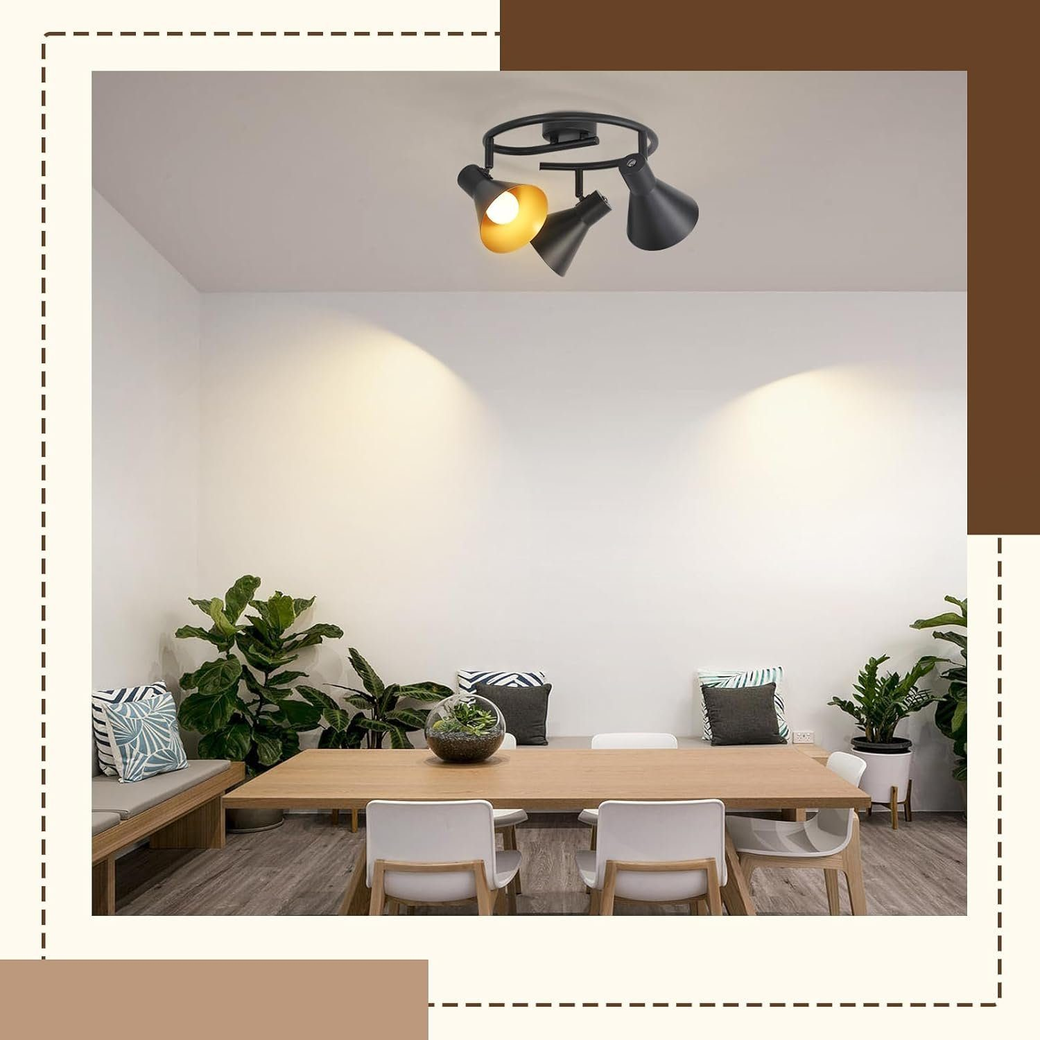 Jadalnia ze stołem drewnianym, białymi krzesłami i oświetleniem sufitowym. Obecne są rośliny.