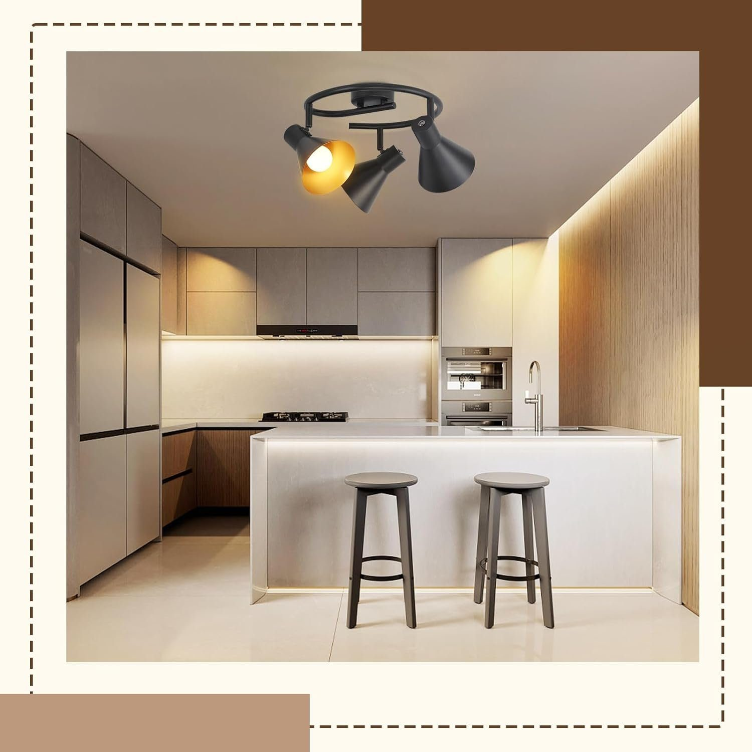 Scena kuchenna w nowoczesnym stylu, z czarno-złotym oświetleniem.