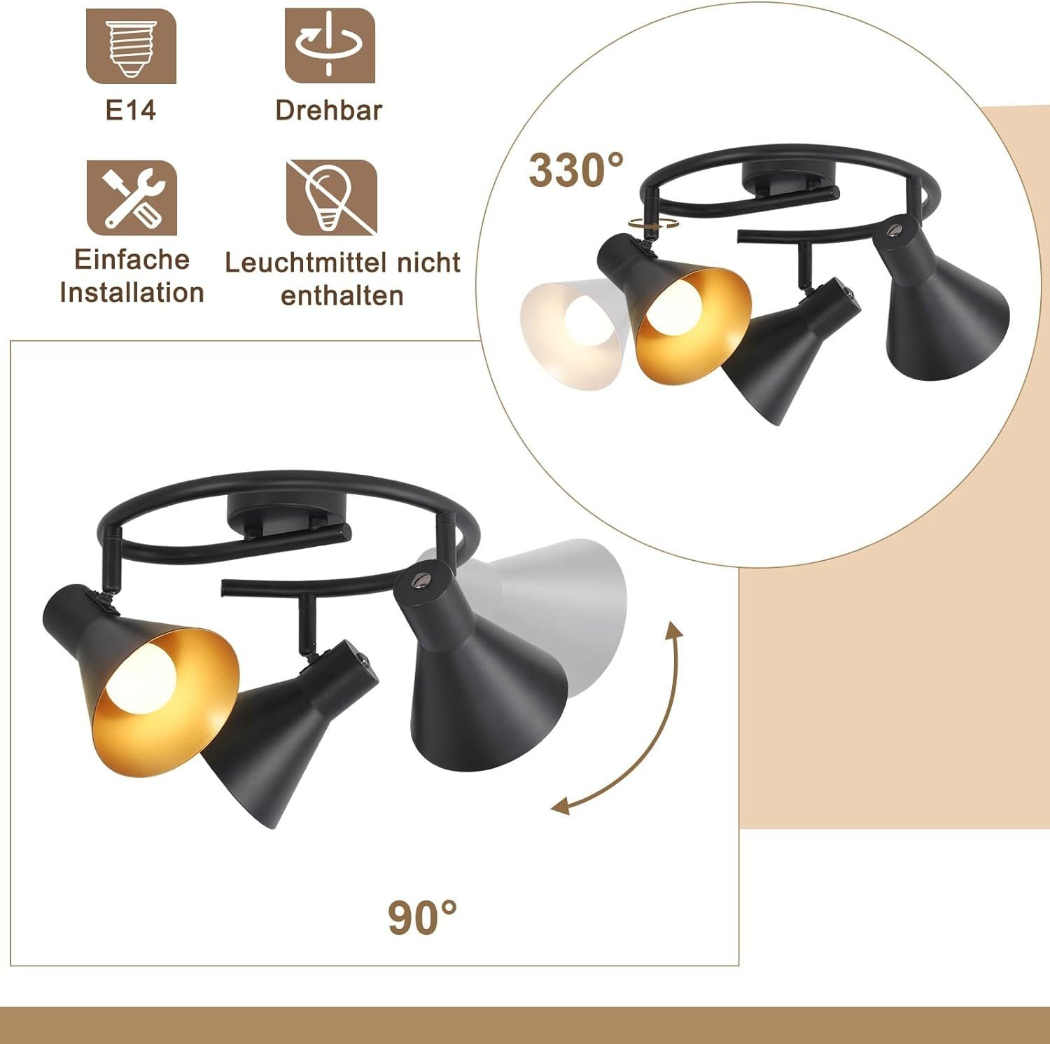 Trzy czarne reflektory na okrągłej ramie. Światła są regulowane. Pokazuje E14 i funkcję obrotu.
