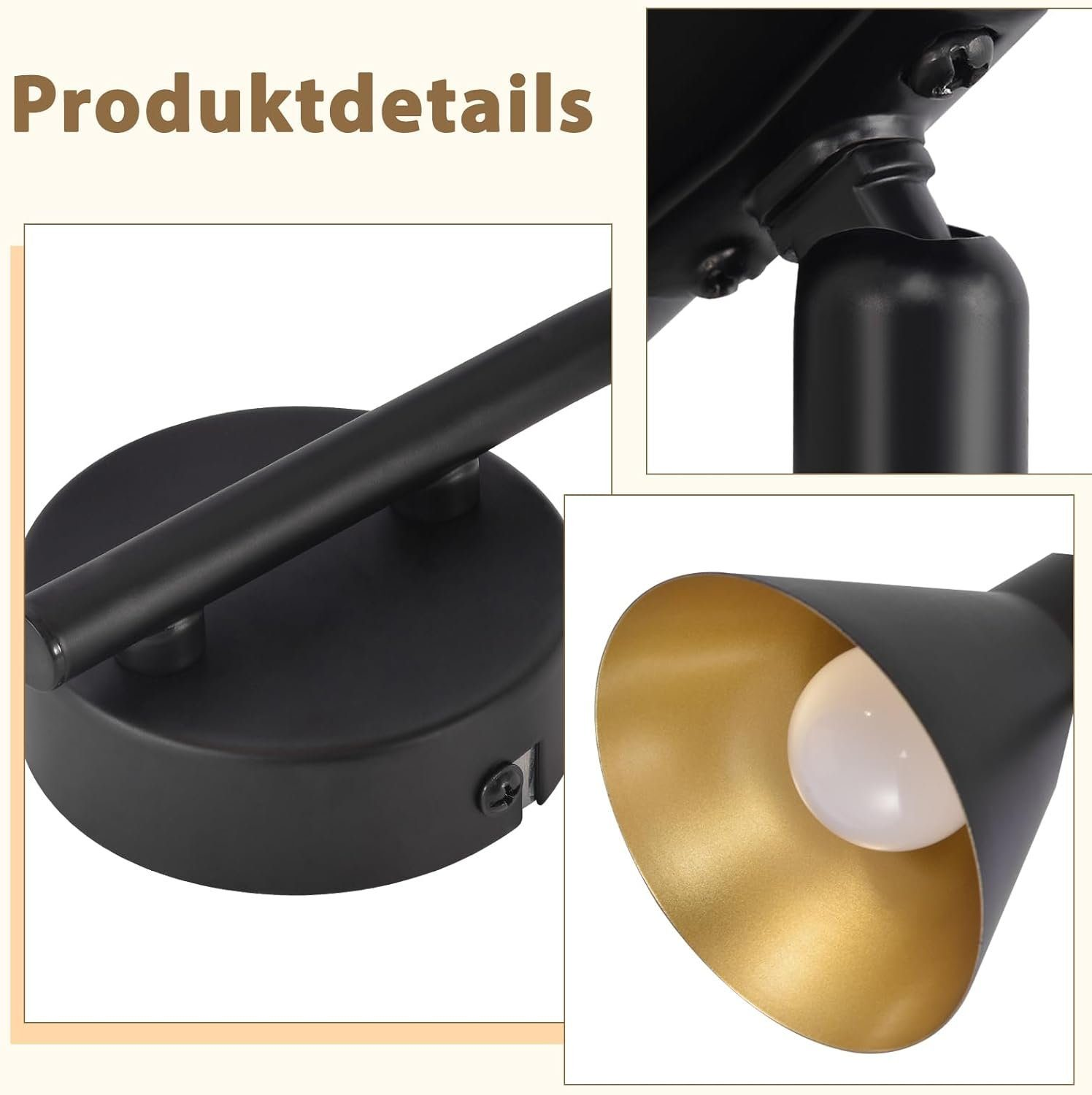 Zbliżenie czarnej lampy ściennej, pokazujące szczegóły żarówki i mocowania.