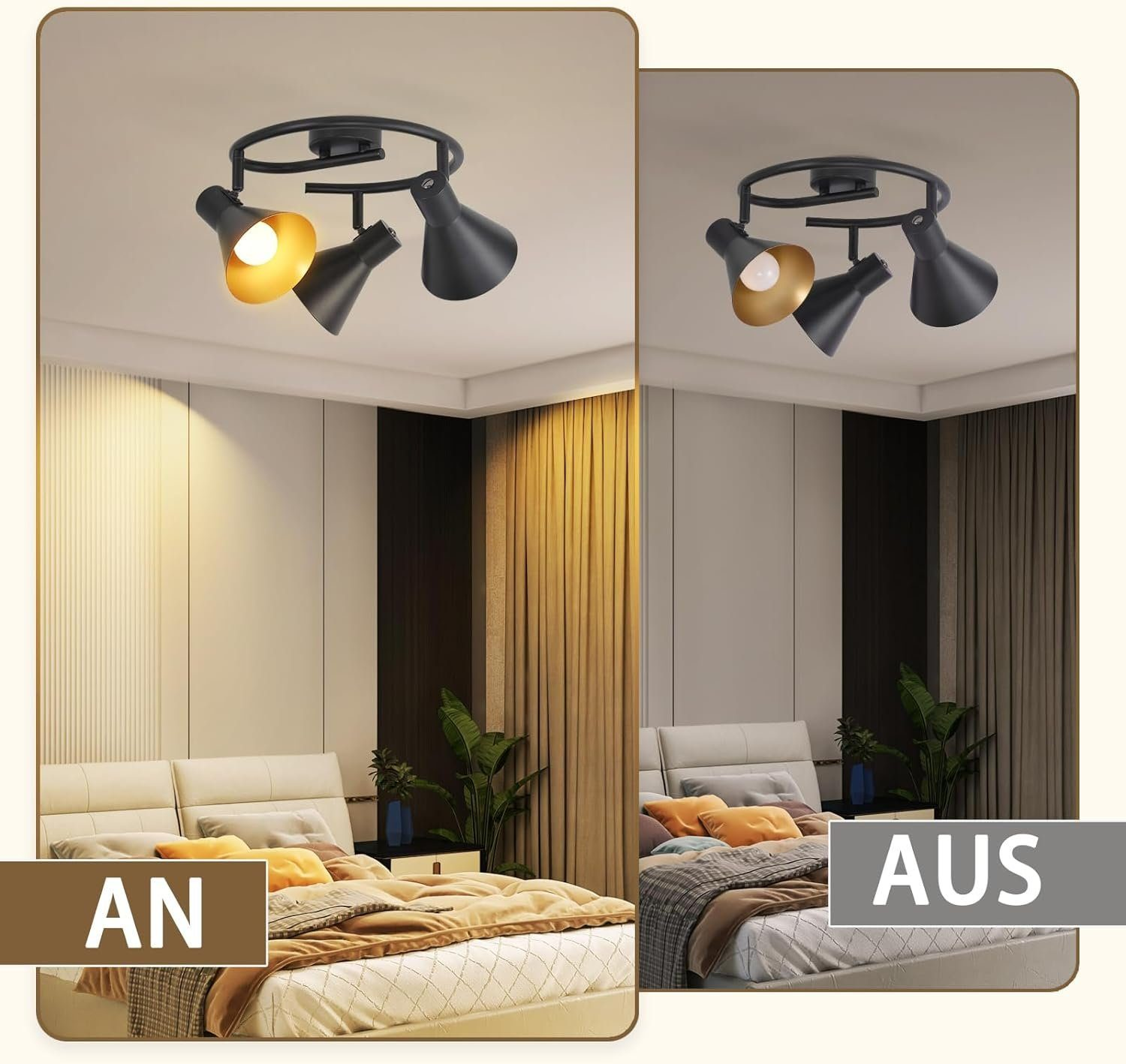 Scena sypialni z dwoma reflektorami sufitowymi, jeden z ciepłym światłem, i łóżko z poduszkami.