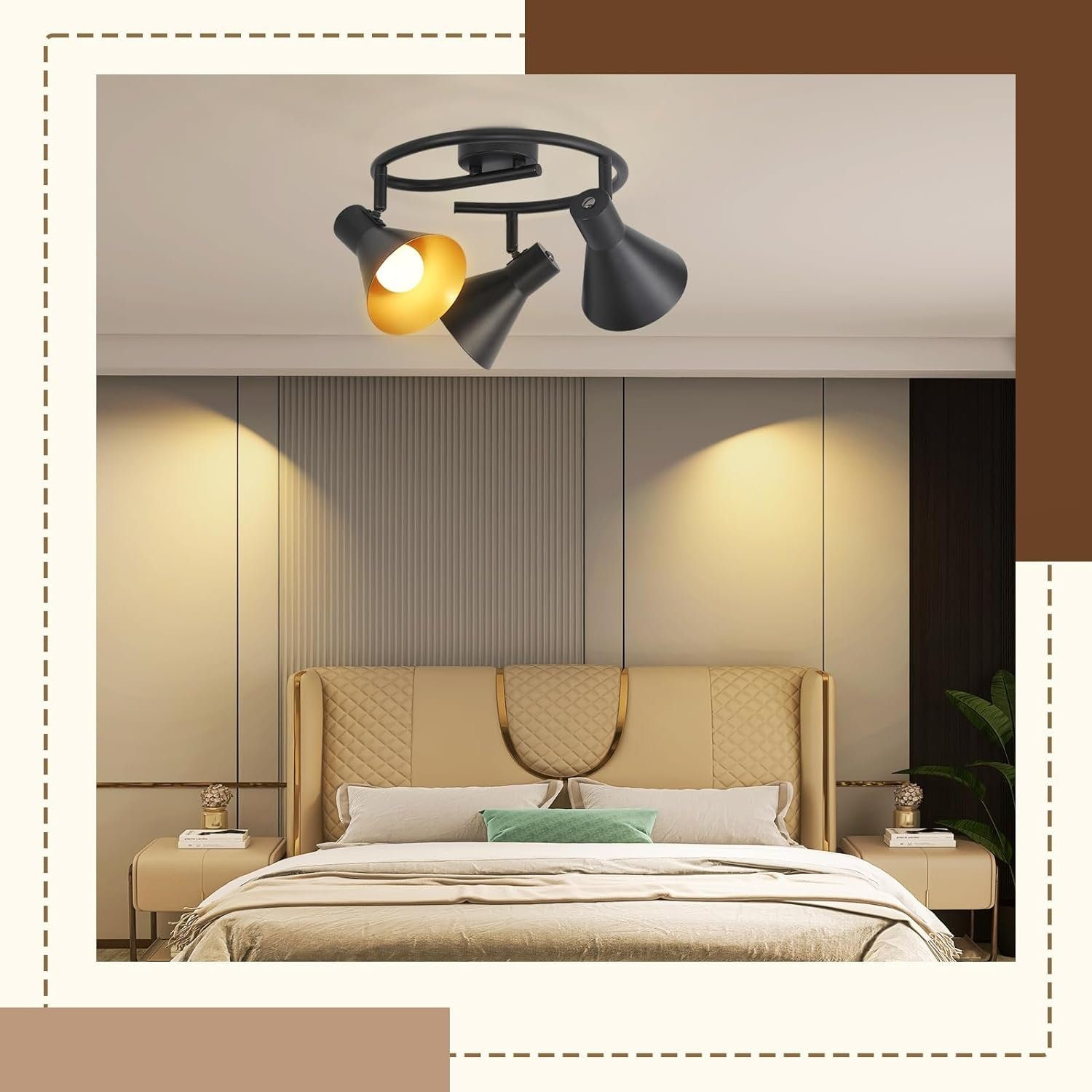 Sypialnia ma okrągłą czarną lampę sufitową. W pokoju jest łóżko z beżowym zagłówkiem. Tło jest białe.