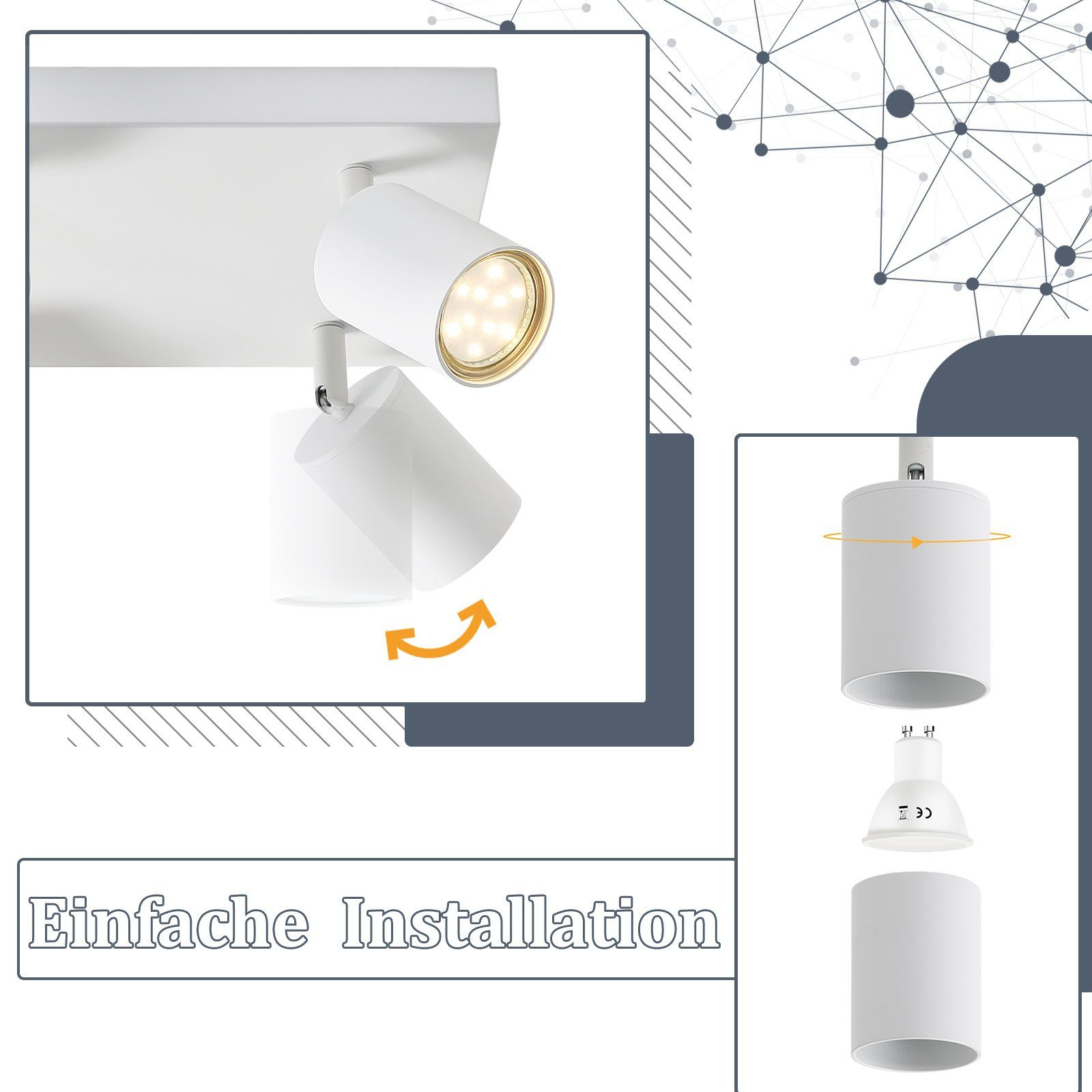 Biały reflektor z regulowaną głowicą, schemat instalacji. Tekst w języku niemieckim o łatwej instalacji.